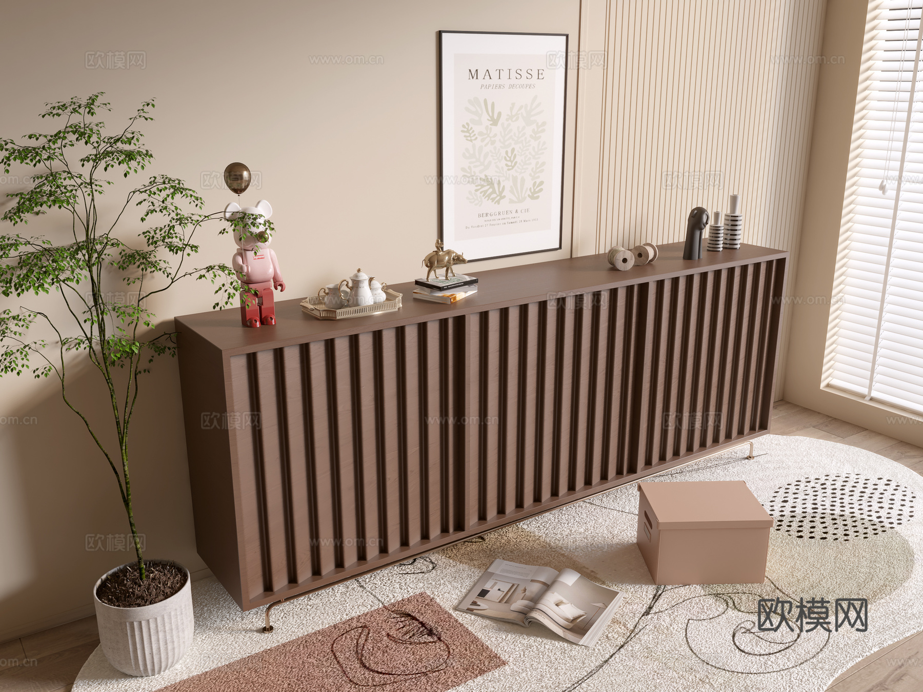 现代木纹柜 极简风柜子  整体柜 餐边柜 阳台柜 储物柜3d模型下载