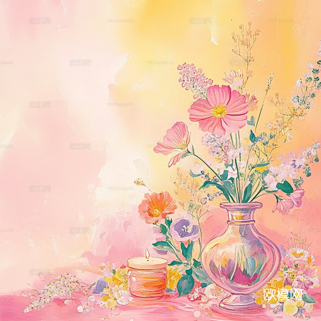 粉色背景粉色花和玻璃花瓶油画