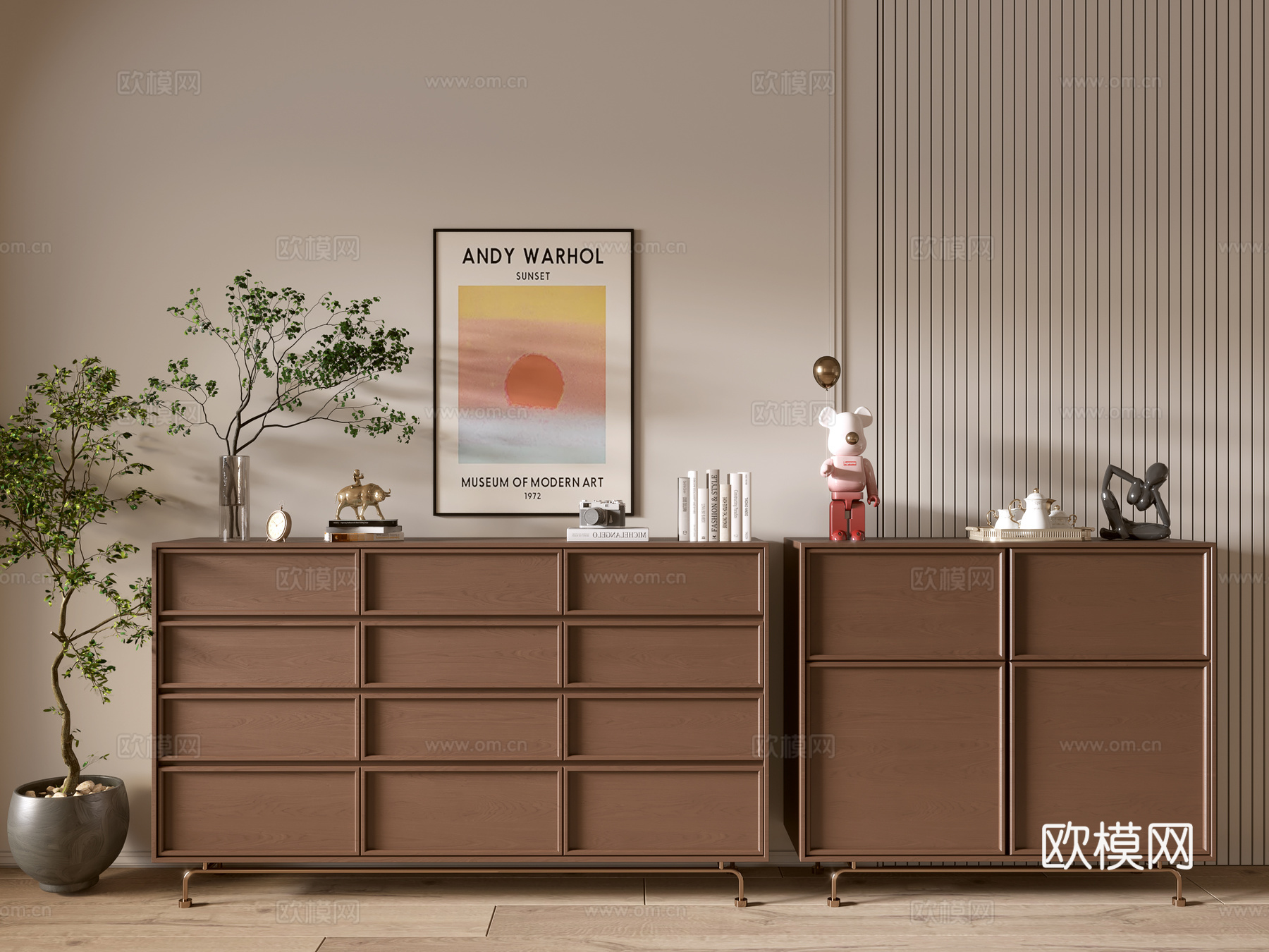 现代木纹柜 极简风柜子  整体柜 餐边柜 阳台柜 储物柜3d模型下载