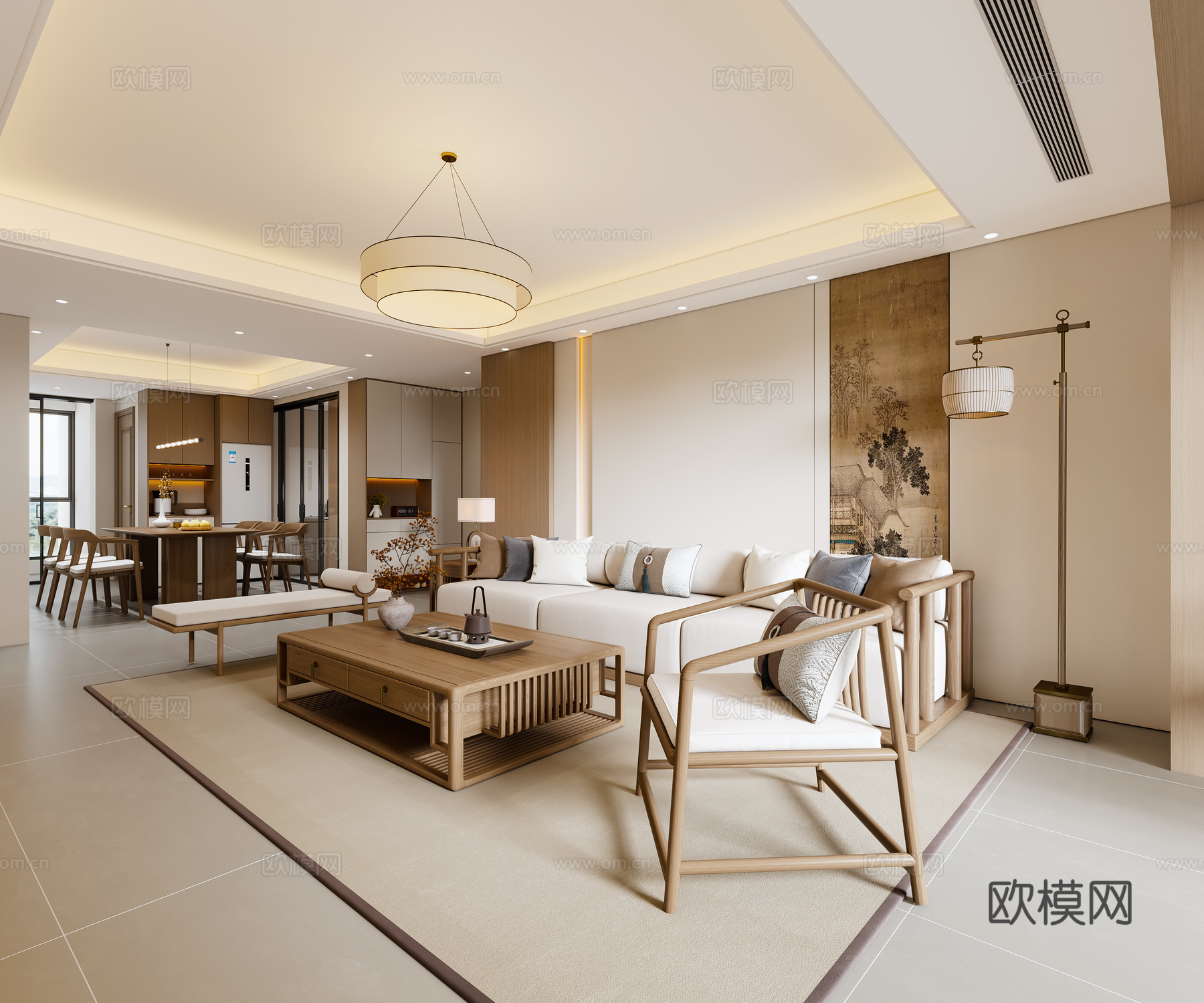 新中式宋式客餐厅 沙发茶几 餐桌椅 电视背景墙 吊灯3d模型