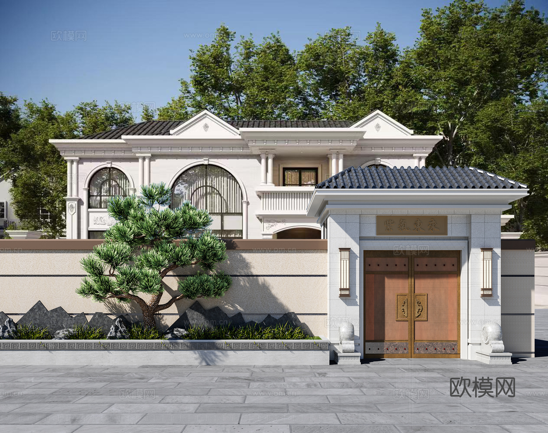 庭院门头 庭院大门 中庭 松树 门3d模型