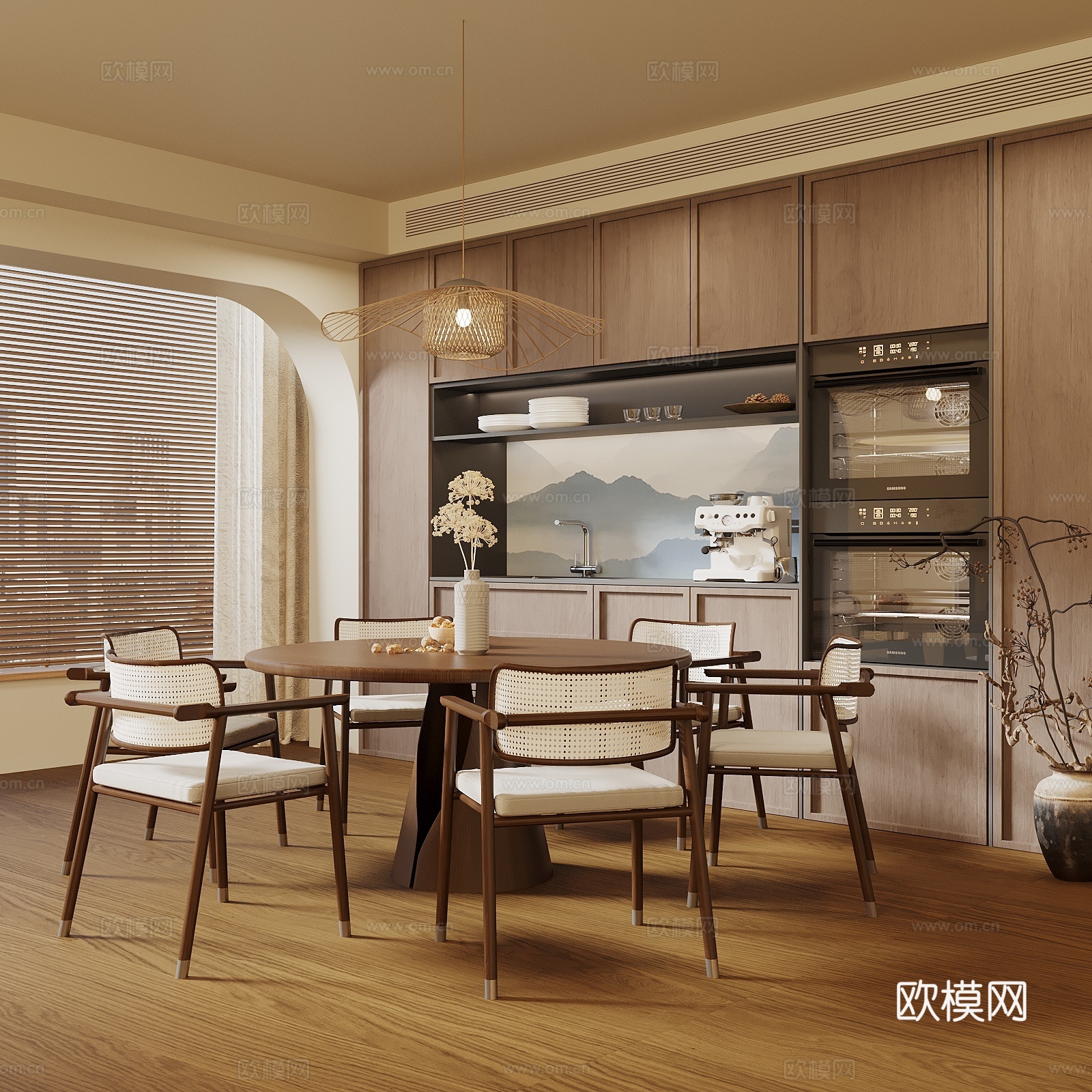 中古侘寂风餐厅 餐桌椅组合 圆桌餐厅 酒柜餐边柜3d模型