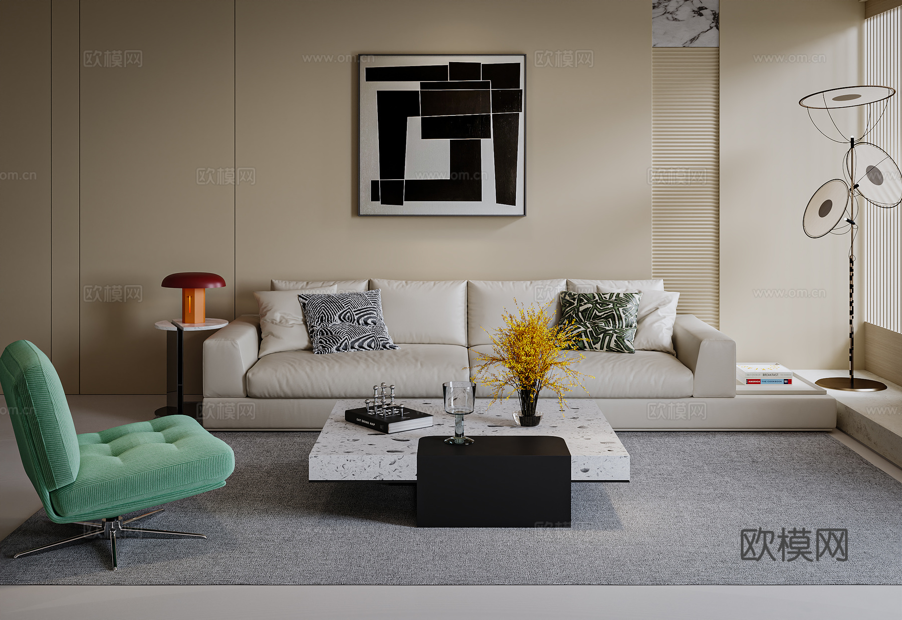 现代客厅  沙发茶几组合  布艺沙发 落地灯 单椅3d模型