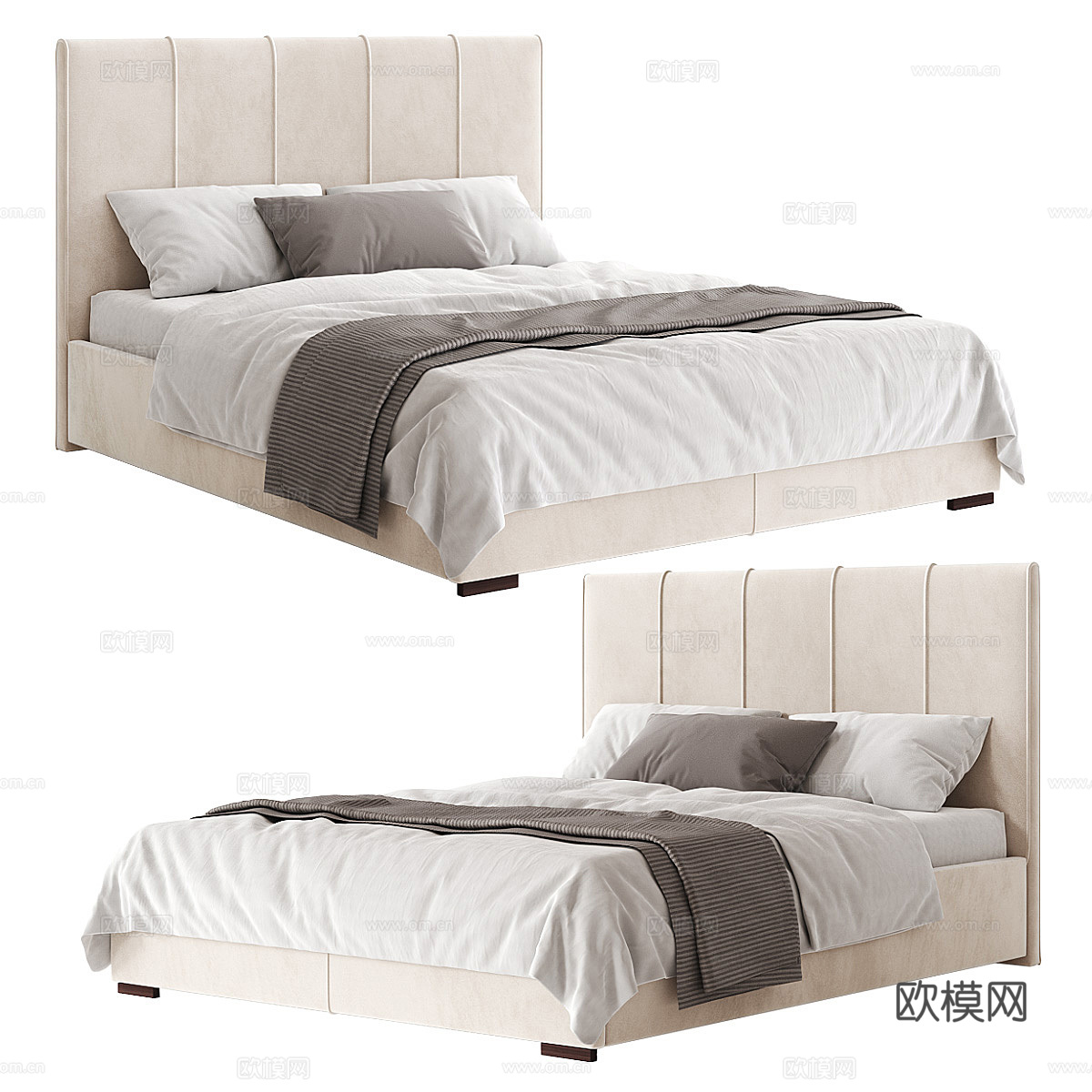 现代奶油风布艺双人床3d模型