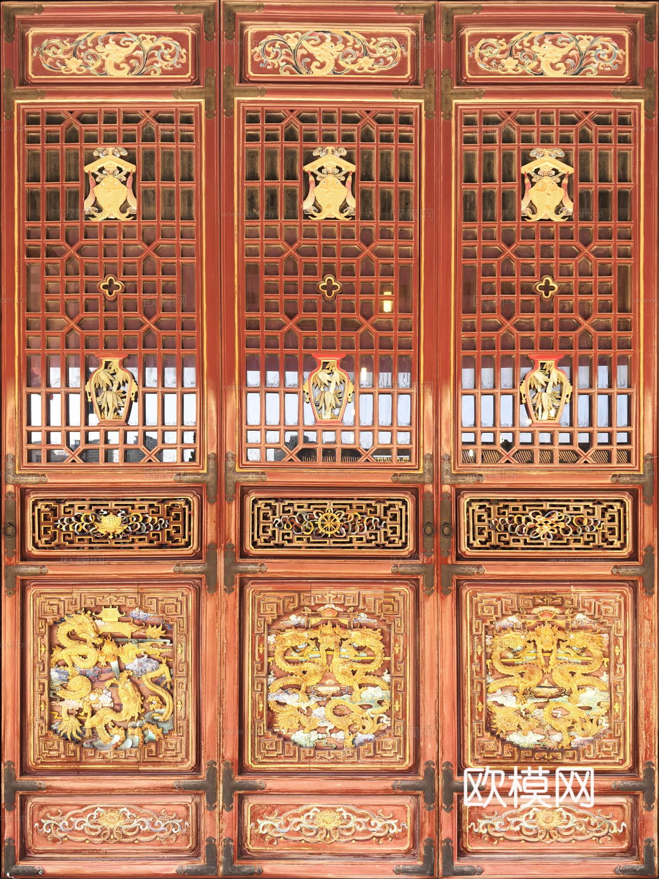 中式复古门 木门 木雕门窗 古典纹样 双龙戏珠 龙凤雕刻