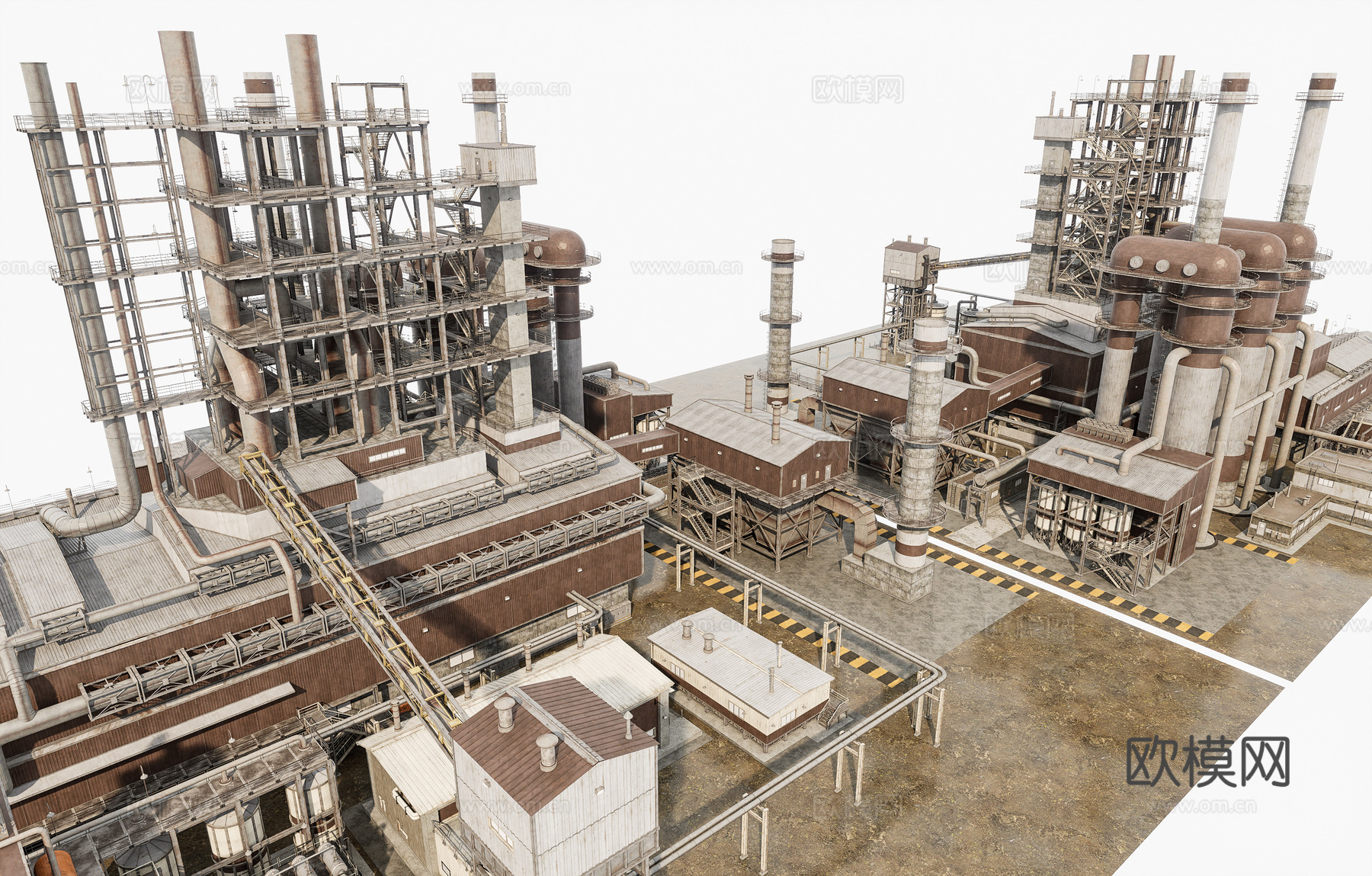 现代冶炼工厂 工厂排污烟囱 工业区工厂建筑 工业建筑组合su模型