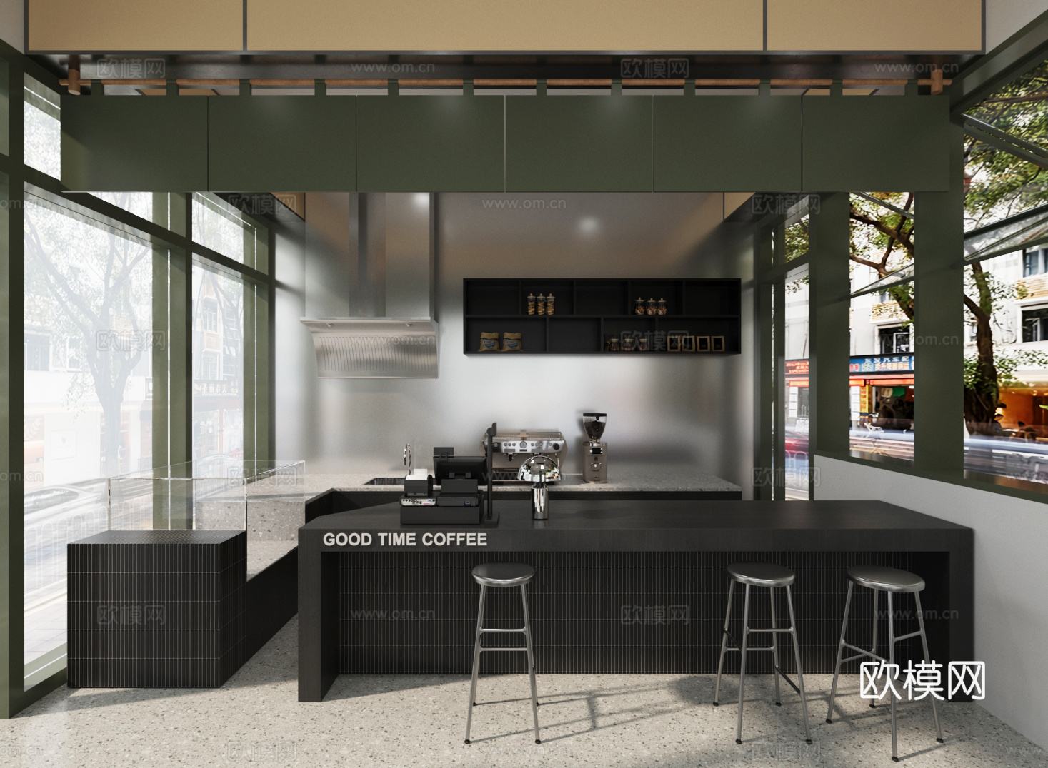 现代咖啡厅 咖啡操作台 吧台椅su模型