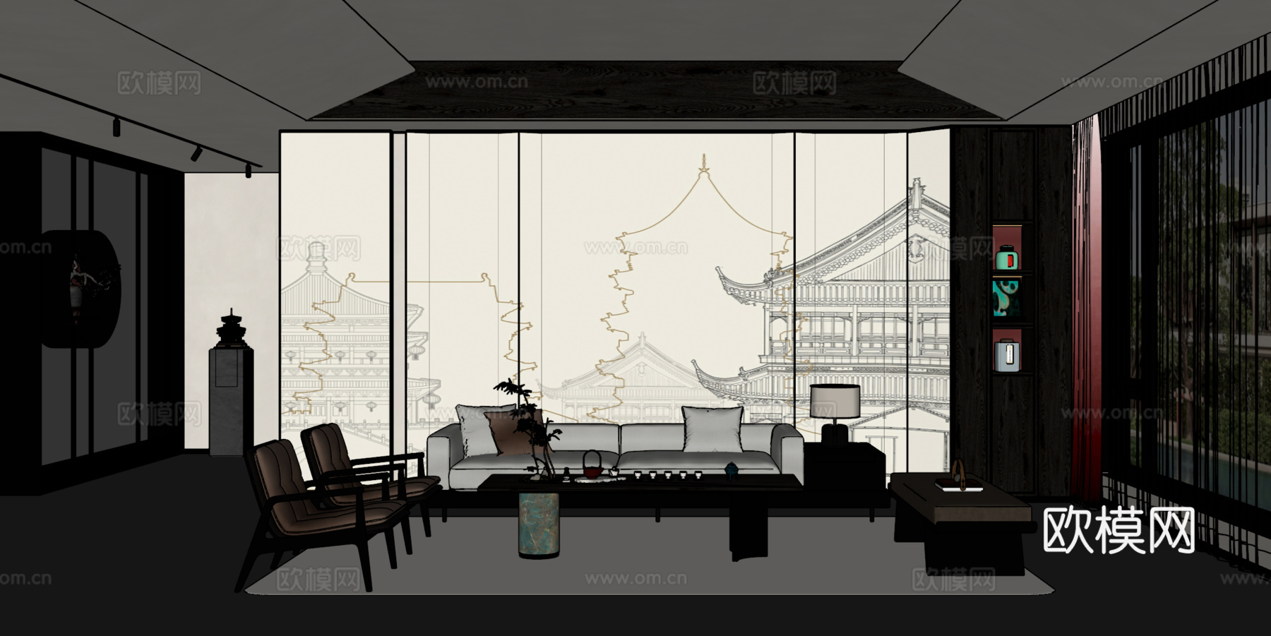 新中式客厅 沙发茶几组合 绿植 饰品摆件 台灯 背景墙su模型
