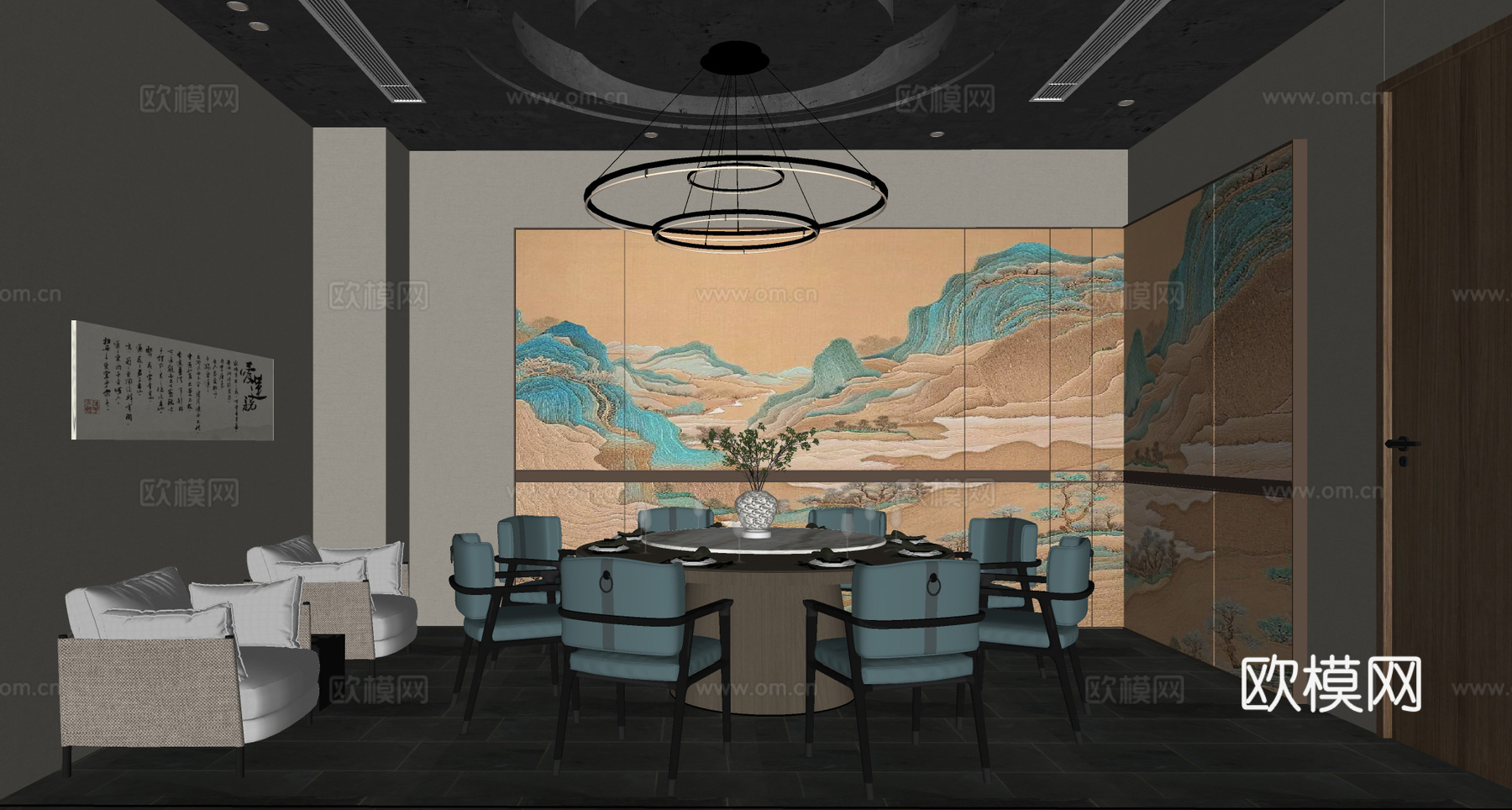 新中式餐厅包房 包厢 圆桌餐厅su模型