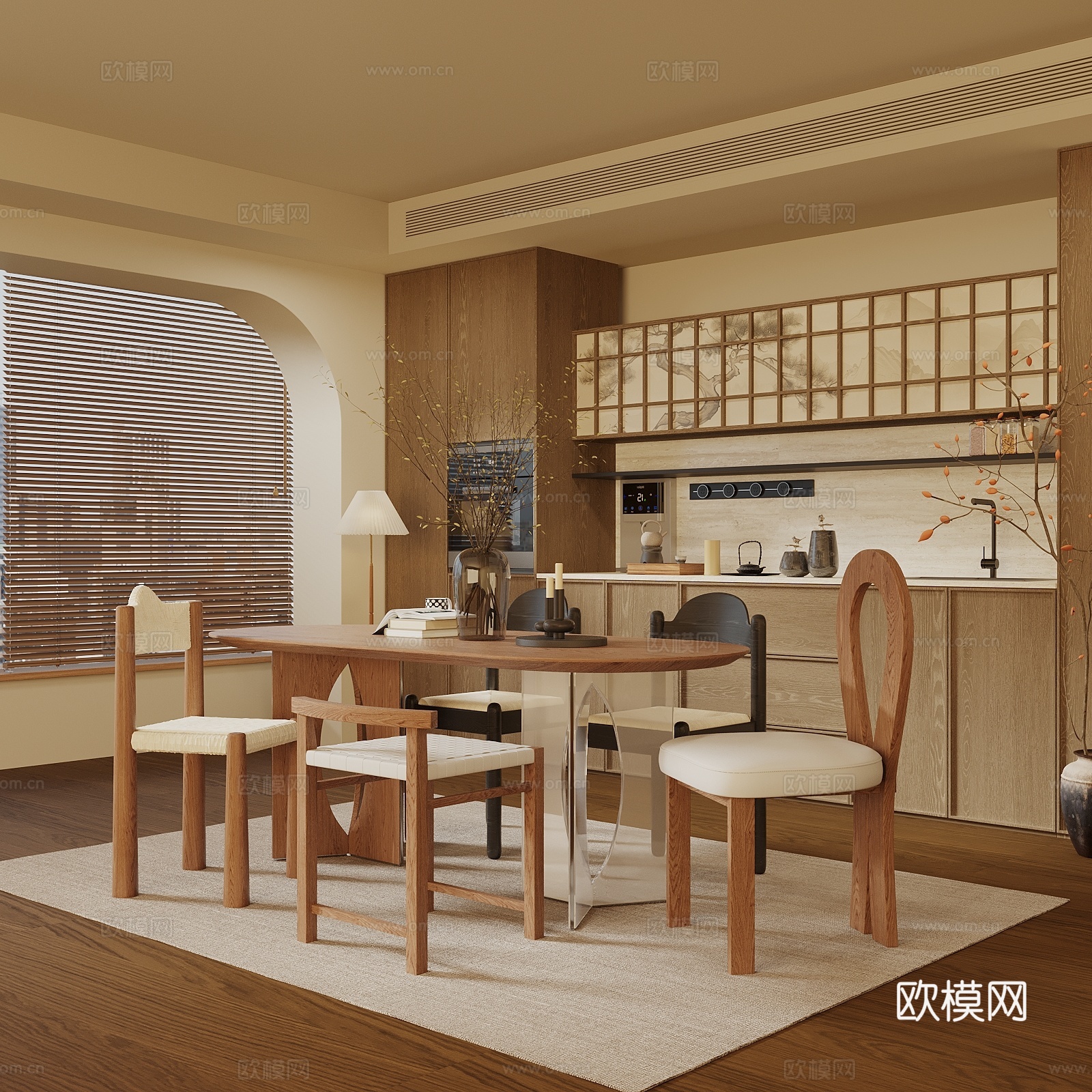 宋式新中风餐厅 长条桌椅 餐厅背景墙 餐厅吊灯3d模型