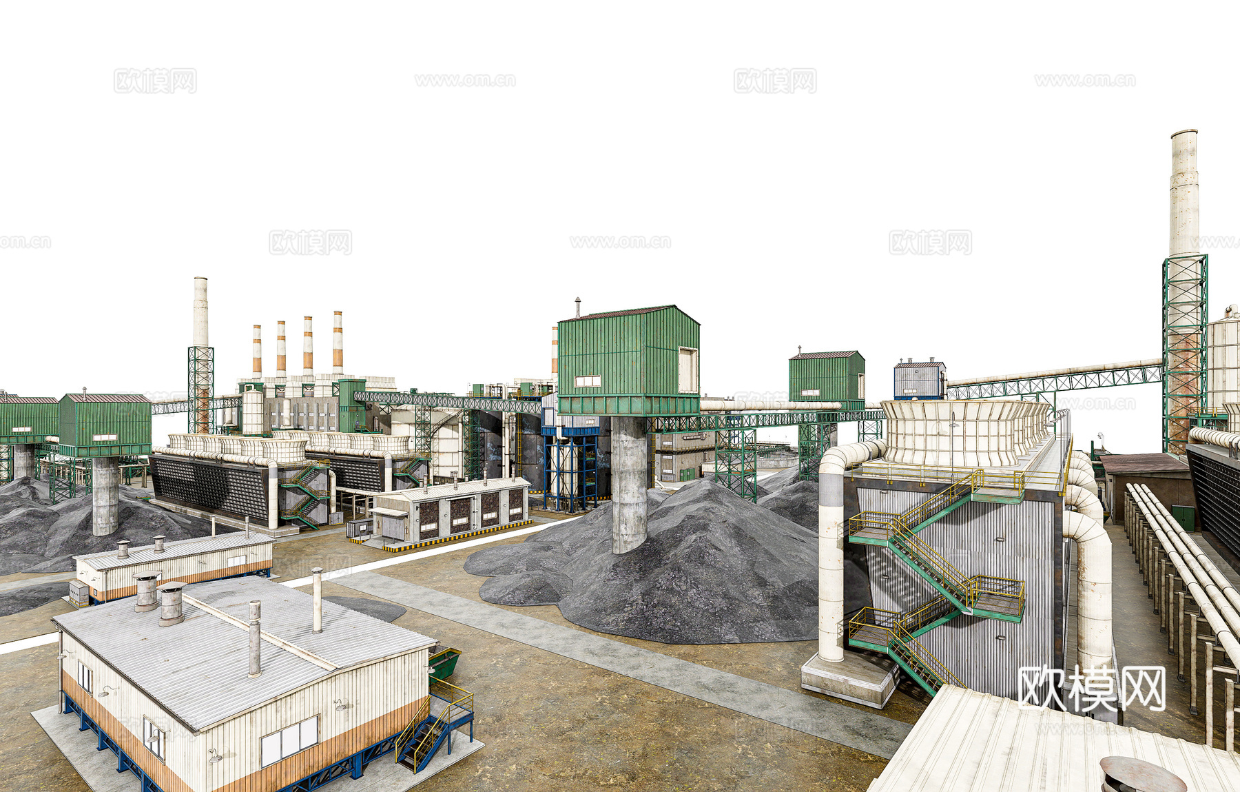 现代冶炼工厂 工厂排污烟囱 工业区工厂建筑 工业建筑组合 冶su模型
