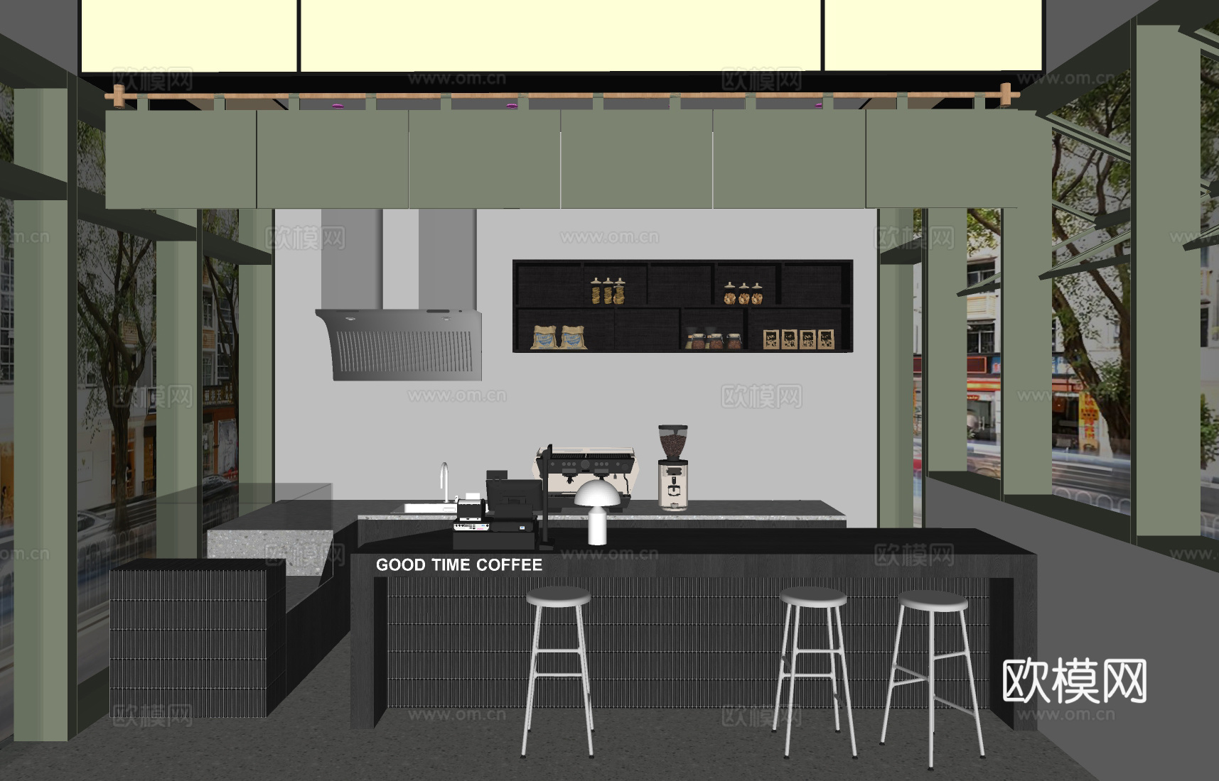 现代咖啡厅 咖啡操作台 吧台椅su模型