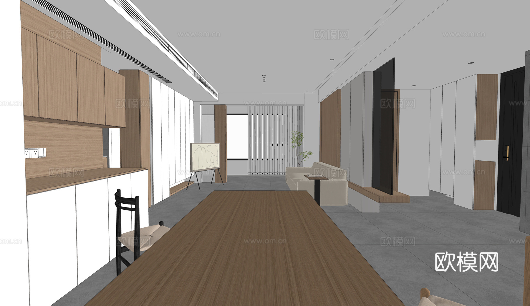 现代极简公寓客餐厅厨房 公寓开放式厨房餐厅 沙发茶几餐桌椅su模型