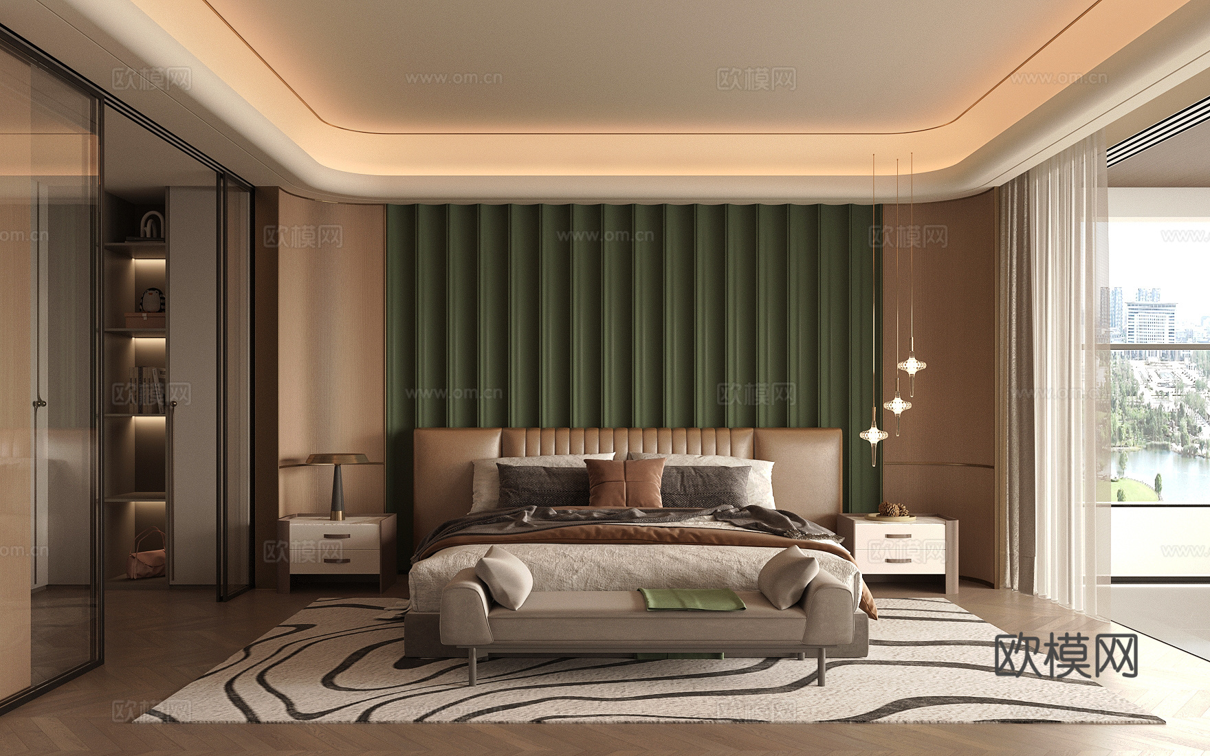 现代意式家居卧室 轻奢意式家居卧室 意式靠背双人床 无主灯3d模型