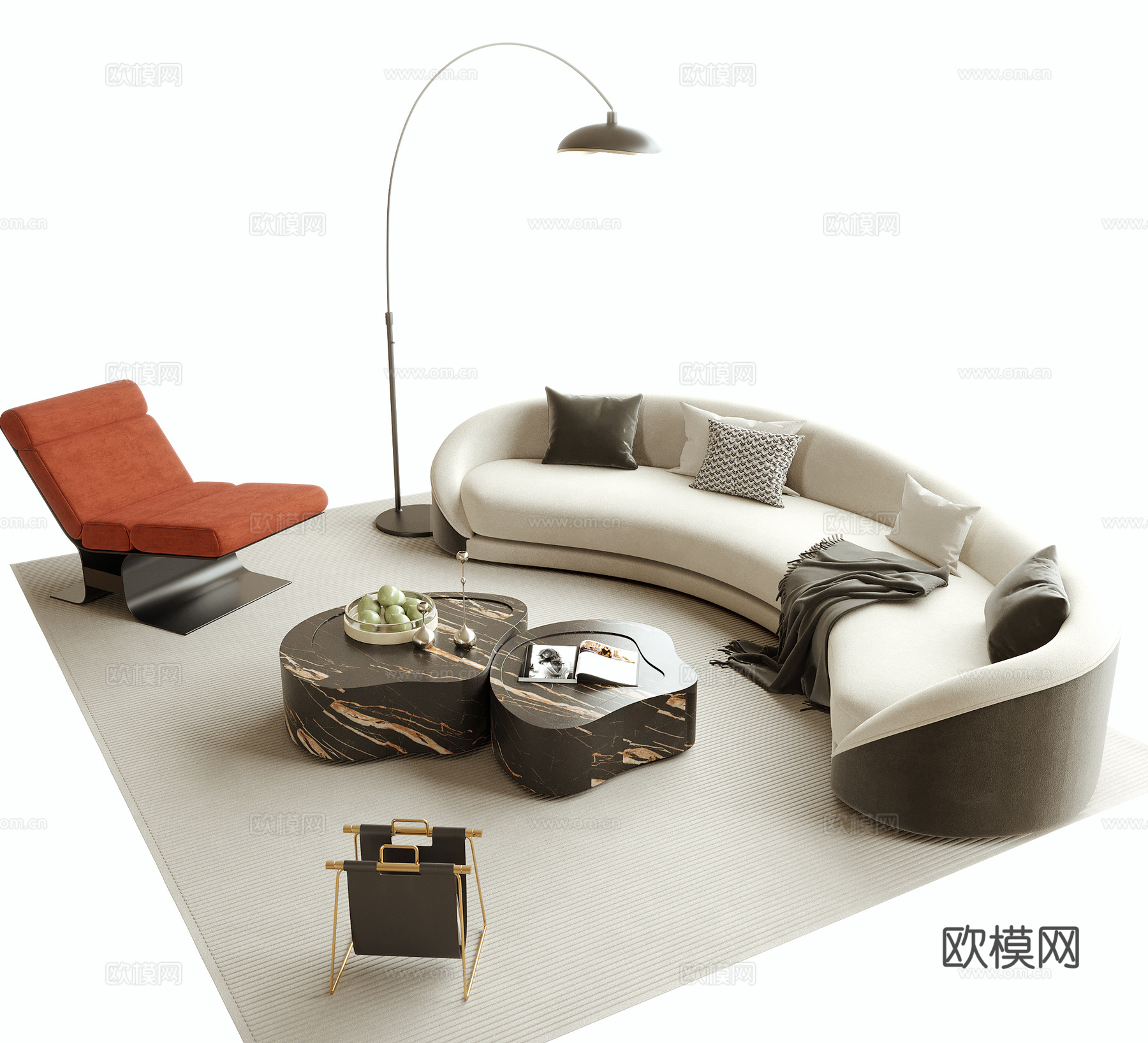 现代沙发茶几组合 弧形沙发 落地灯su模型