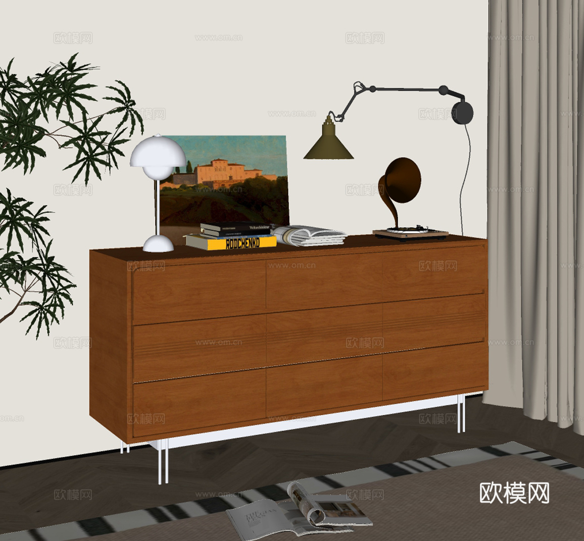 中古实木玄关柜 书籍摆件su模型