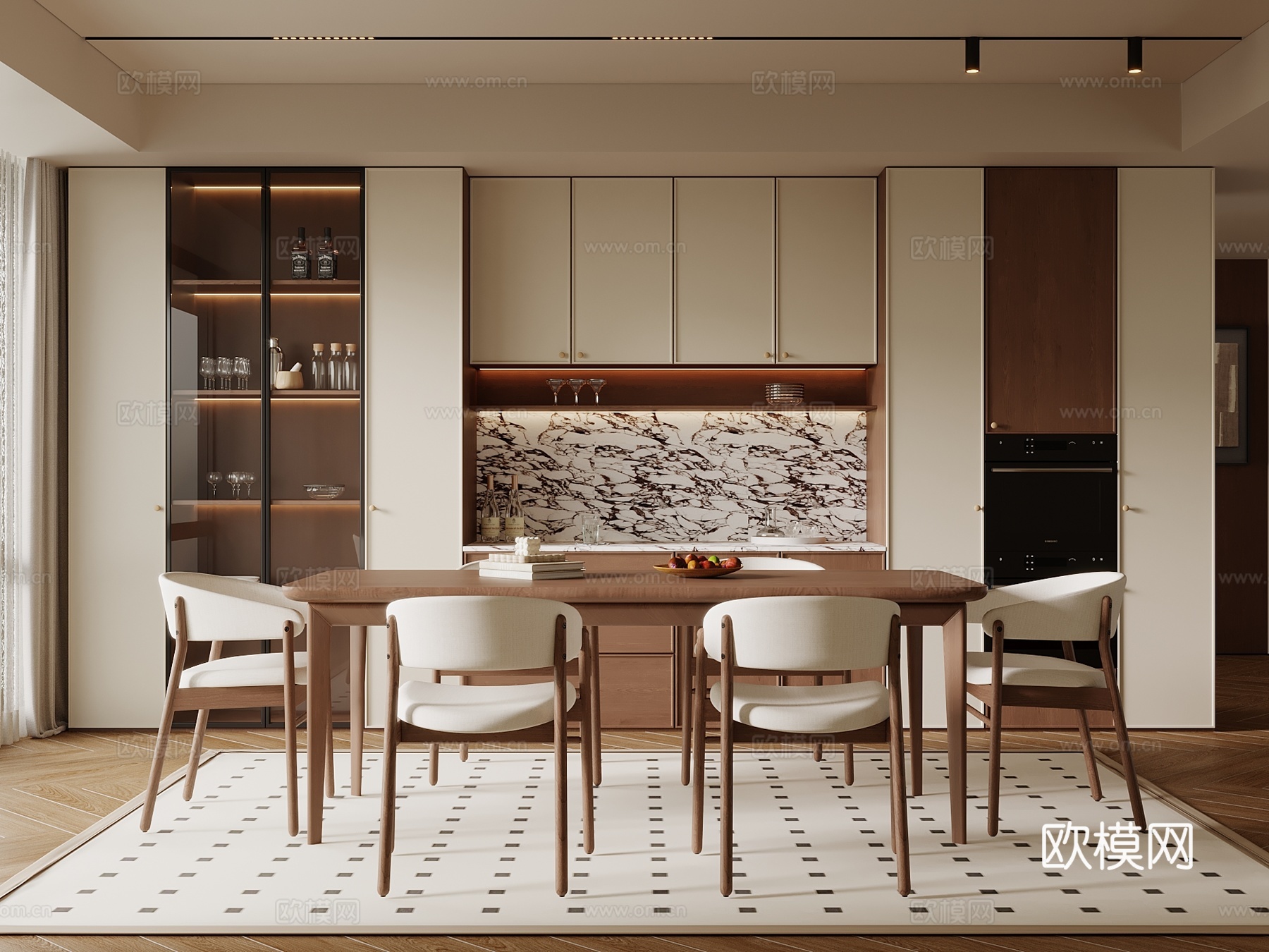 中古风 新中式 家居餐厅 酒柜 植物 梦幻 岛台椅 餐椅3d模型