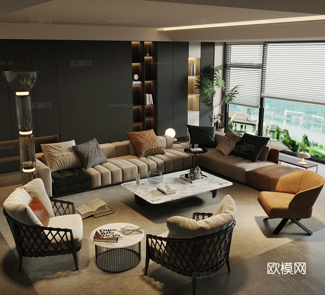现代意式家居客厅 沙发茶几组合 高级灰客厅 意式轻奢客厅su模型