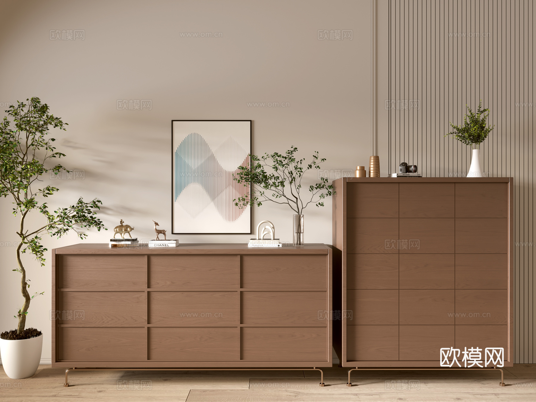 现代木纹柜 极简风柜子  整体柜 餐边柜 阳台柜 储物柜3d模型下载