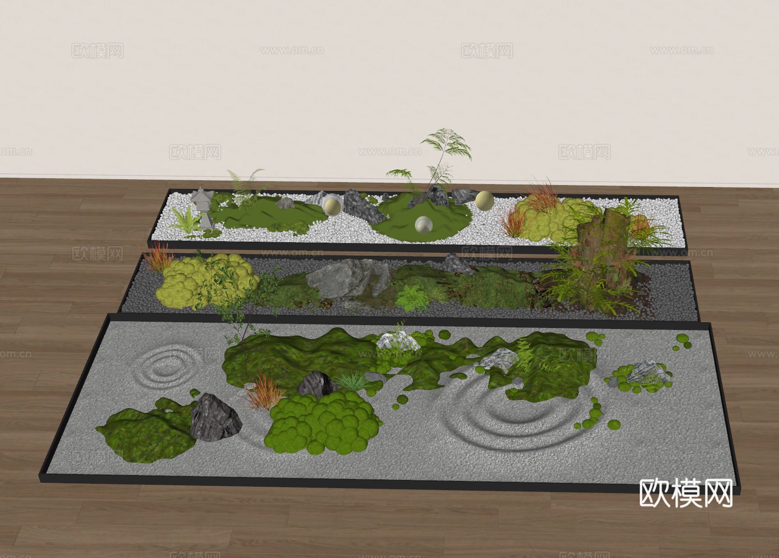 现代苔藓造景 落地植物景观 苔藓盆栽 花坛 室内景观 石子su模型