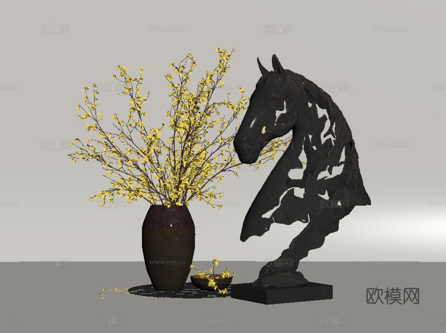 现代雕塑 雕塑摆件 马头 花瓶花艺su模型