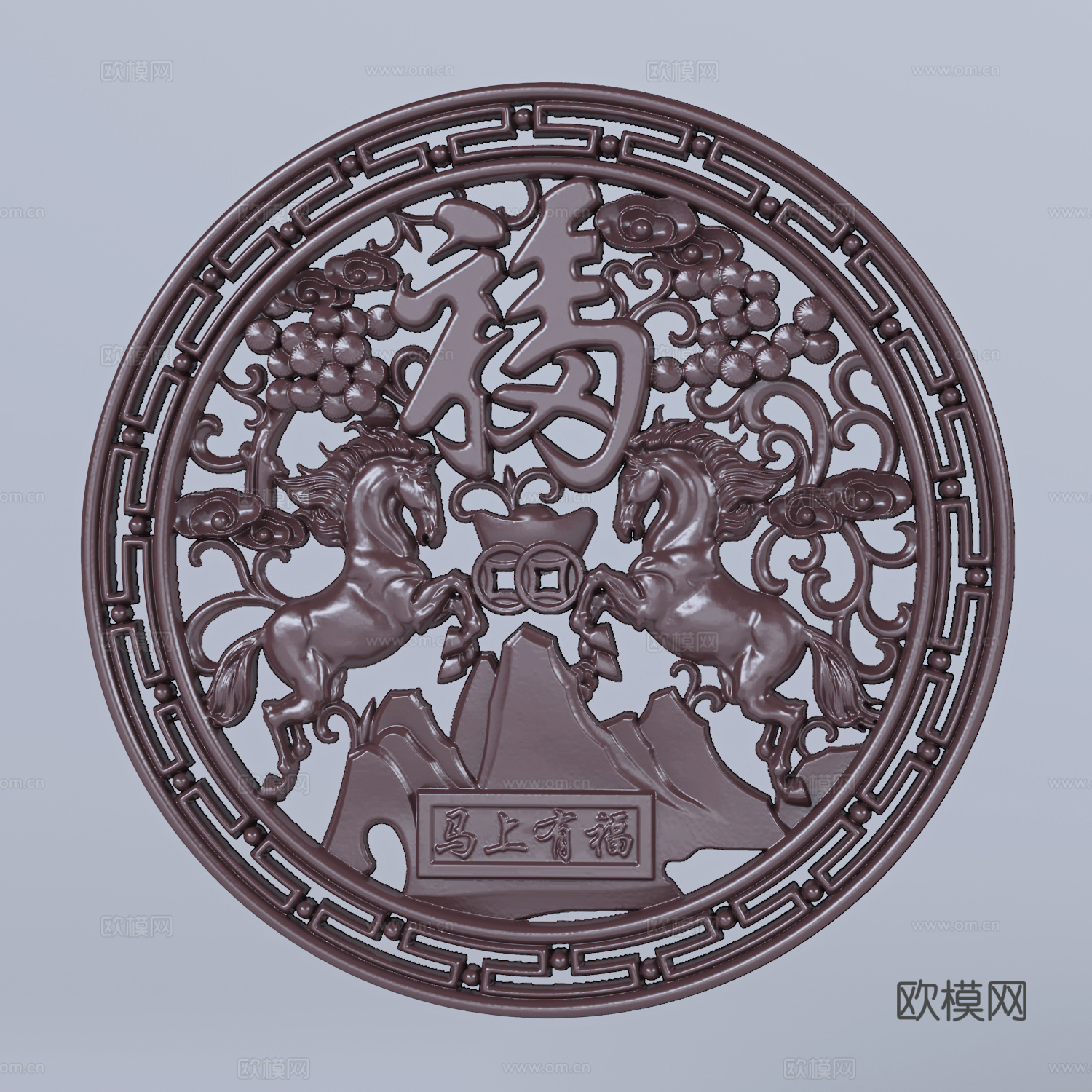 现代新中式马上有福镂空浮雕雕塑摆件3d模型