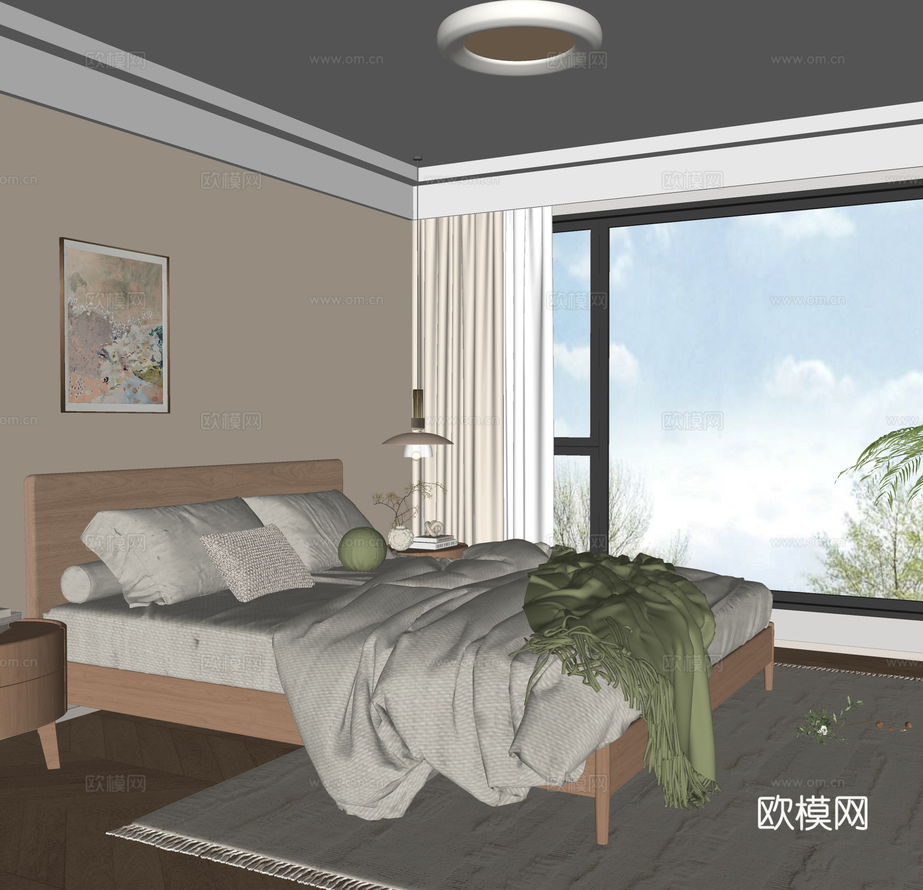 北欧卧室 北欧原木双人床 北欧地毯 小吊灯 吸顶灯su模型