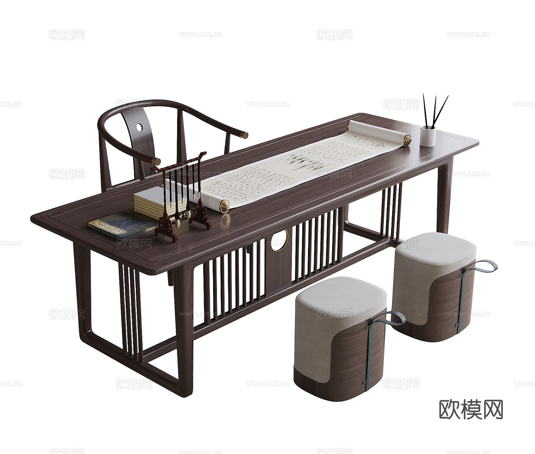 中式书桌椅 凳子 书桌 书椅su模型