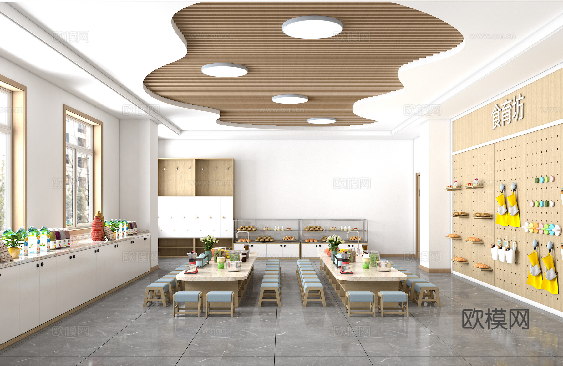 现代幼儿园食育坊 儿童食堂 幼儿厨房餐厅 烘焙坊su模型