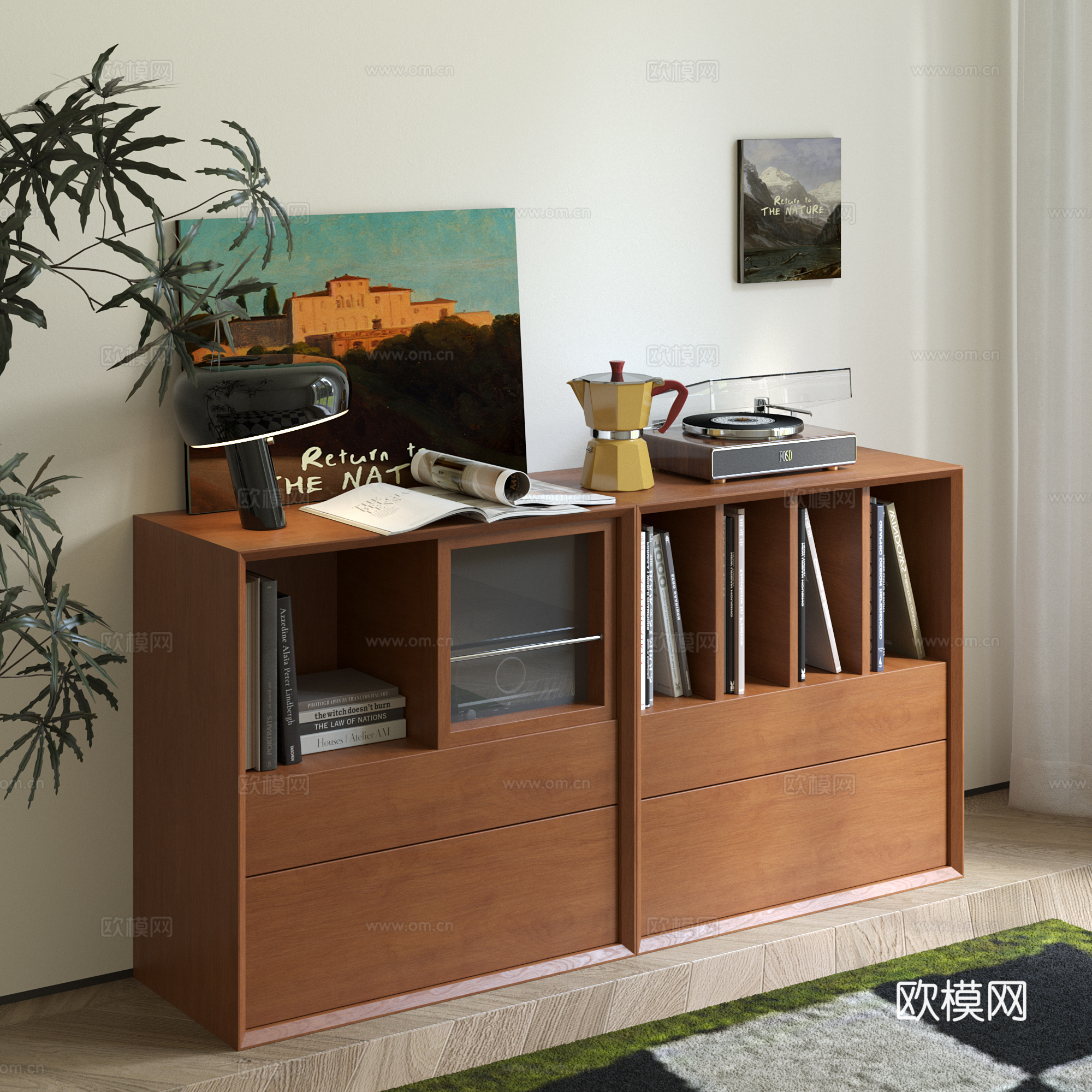 中古实木边柜 书籍摆件su模型