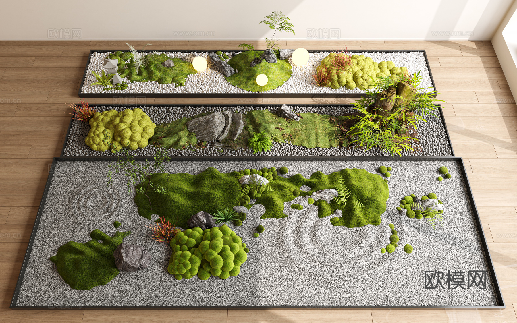 现代苔藓造景 落地植物景观 苔藓盆栽 花坛 室内景观 石子su模型