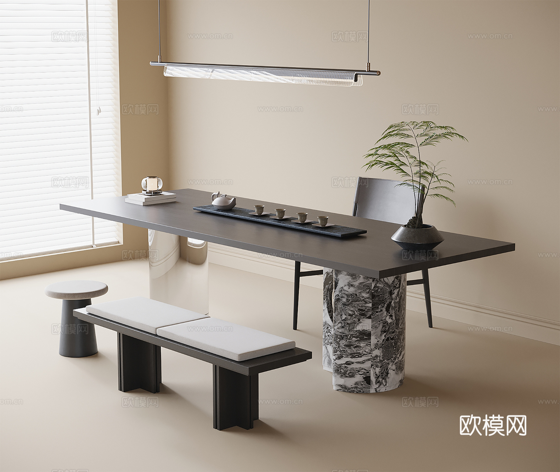 现代茶桌椅 凳子 茶具摆件su模型