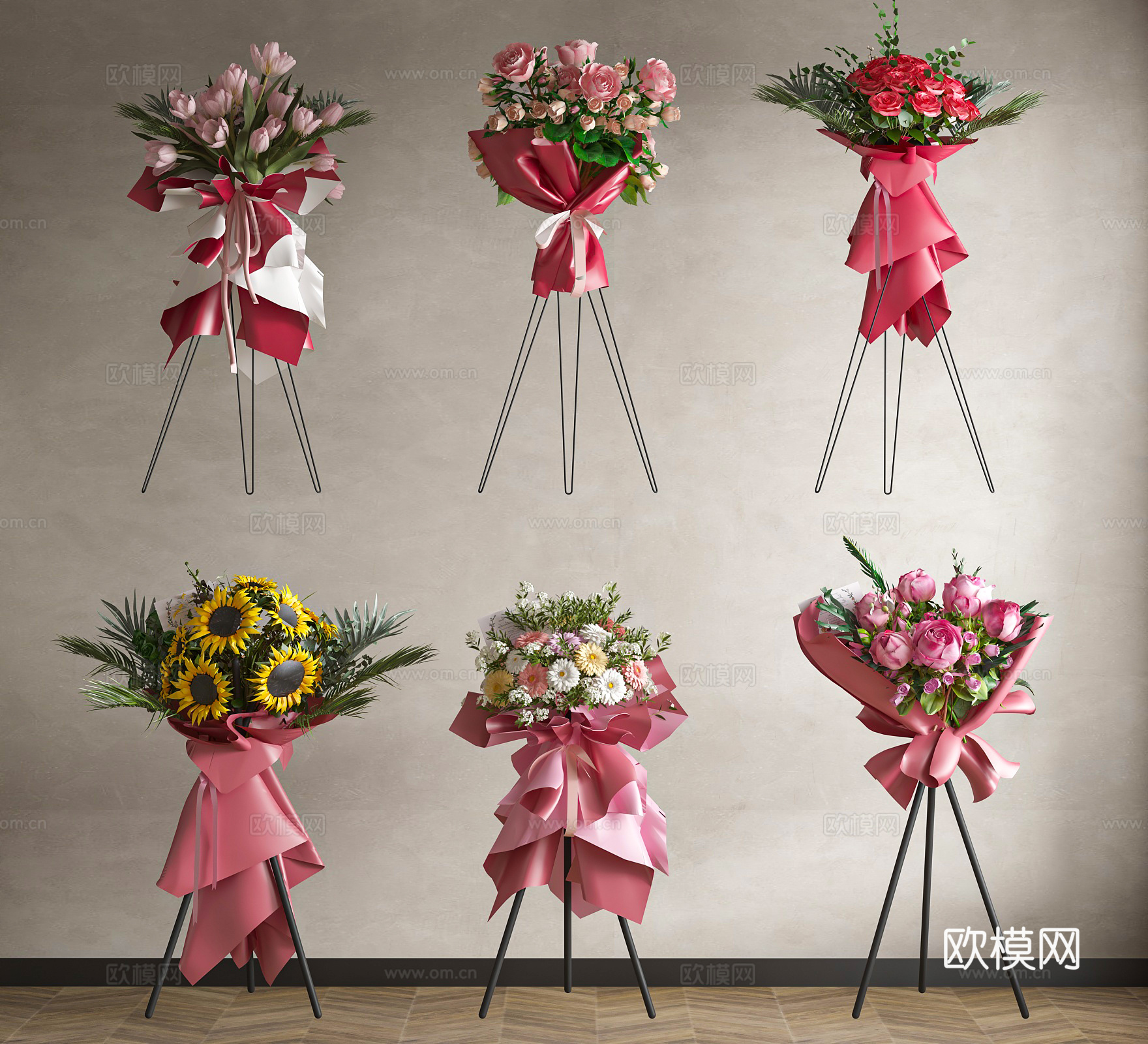 现代简约花艺 花束 开业花篮 婚礼花篮 生日花篮 鲜花花艺su模型