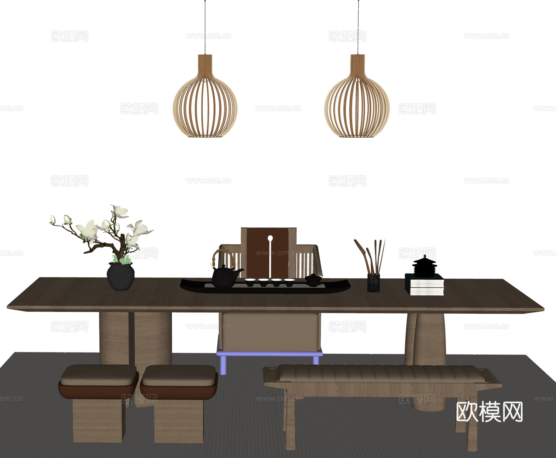 新中式茶桌椅 吊灯su模型