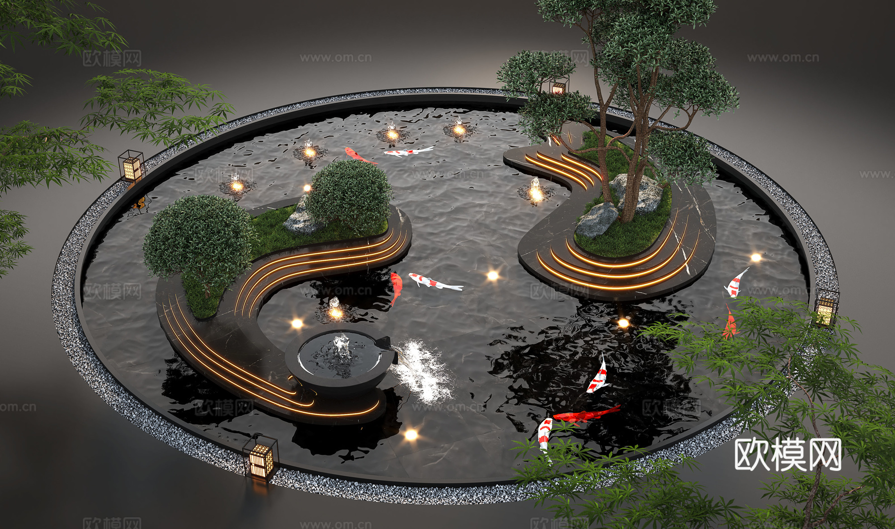 现代水景观 庭院水景 水钵叠水 跌水 鱼池鱼池3d模型