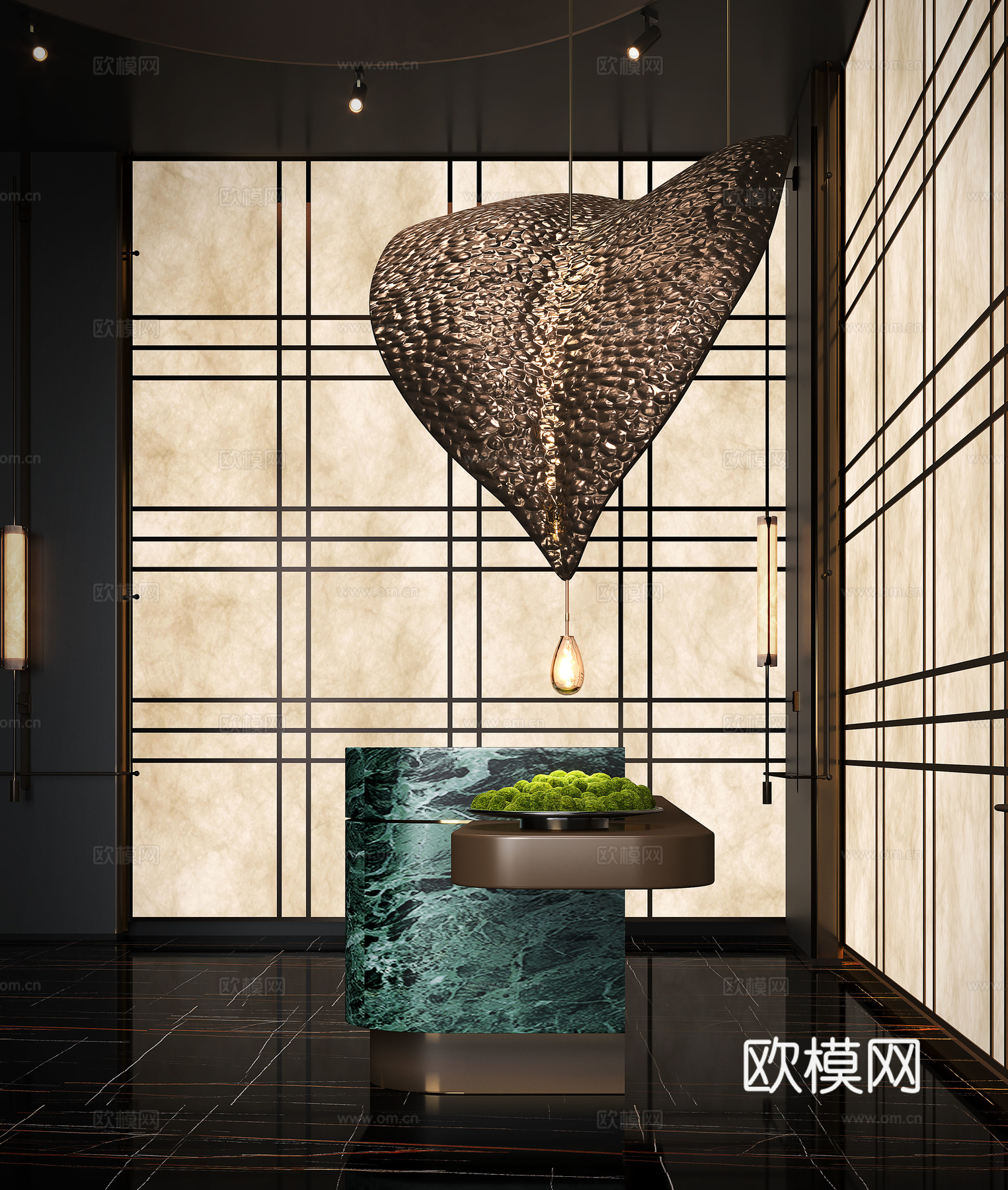 现代酒店大厅 大厅前台 大厅装置 装饰灯 苔藓盆栽su模型