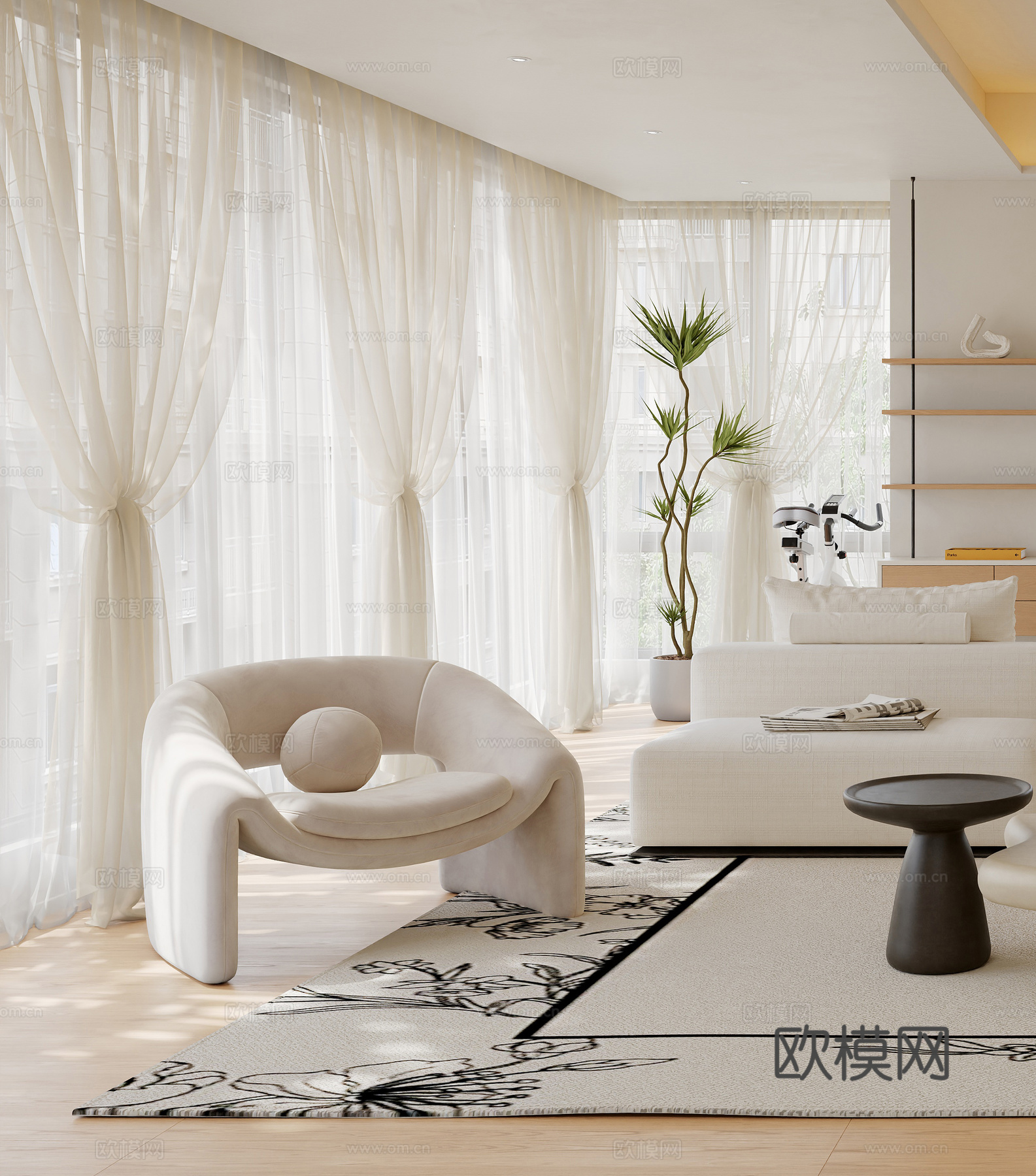奶油风休闲椅 现代休闲椅 边几 角几 盆栽 盆景 简约休闲椅3d模型