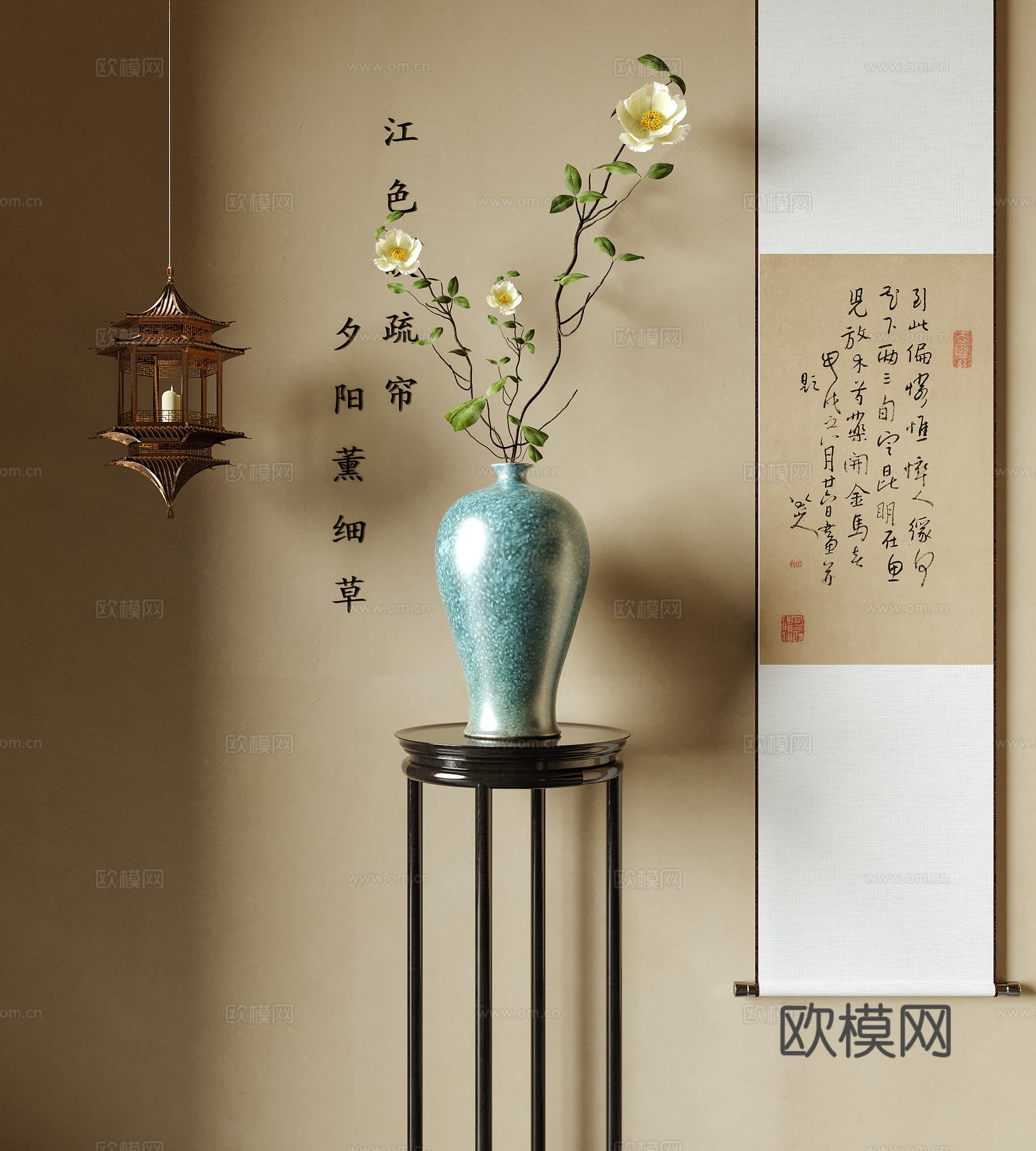 新中式花瓶花艺 插花花艺 挂画3d模型