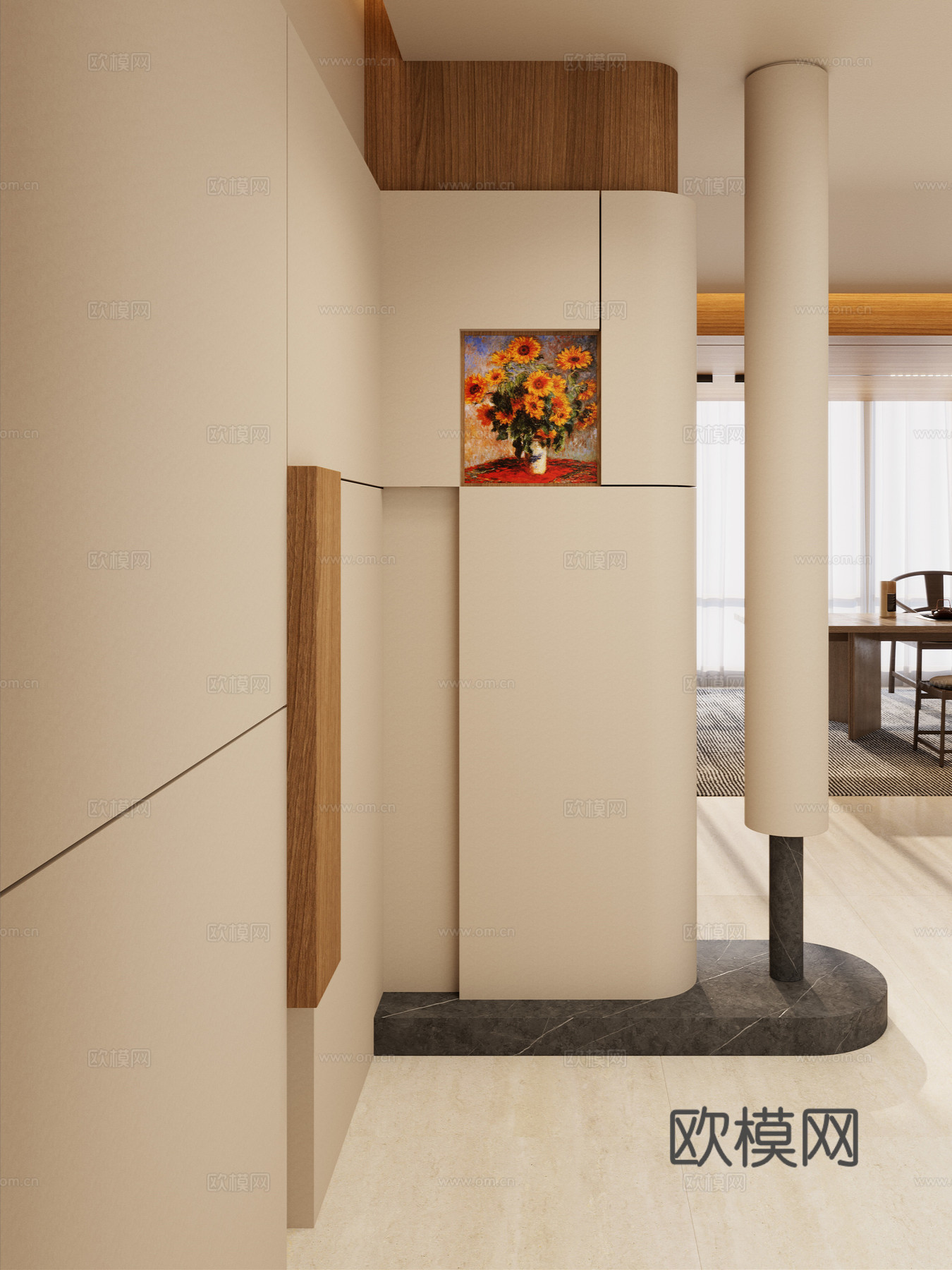 意式 奶油风 圆柱 弧形造型 透景 隔断 实木顶 玄关3d模型