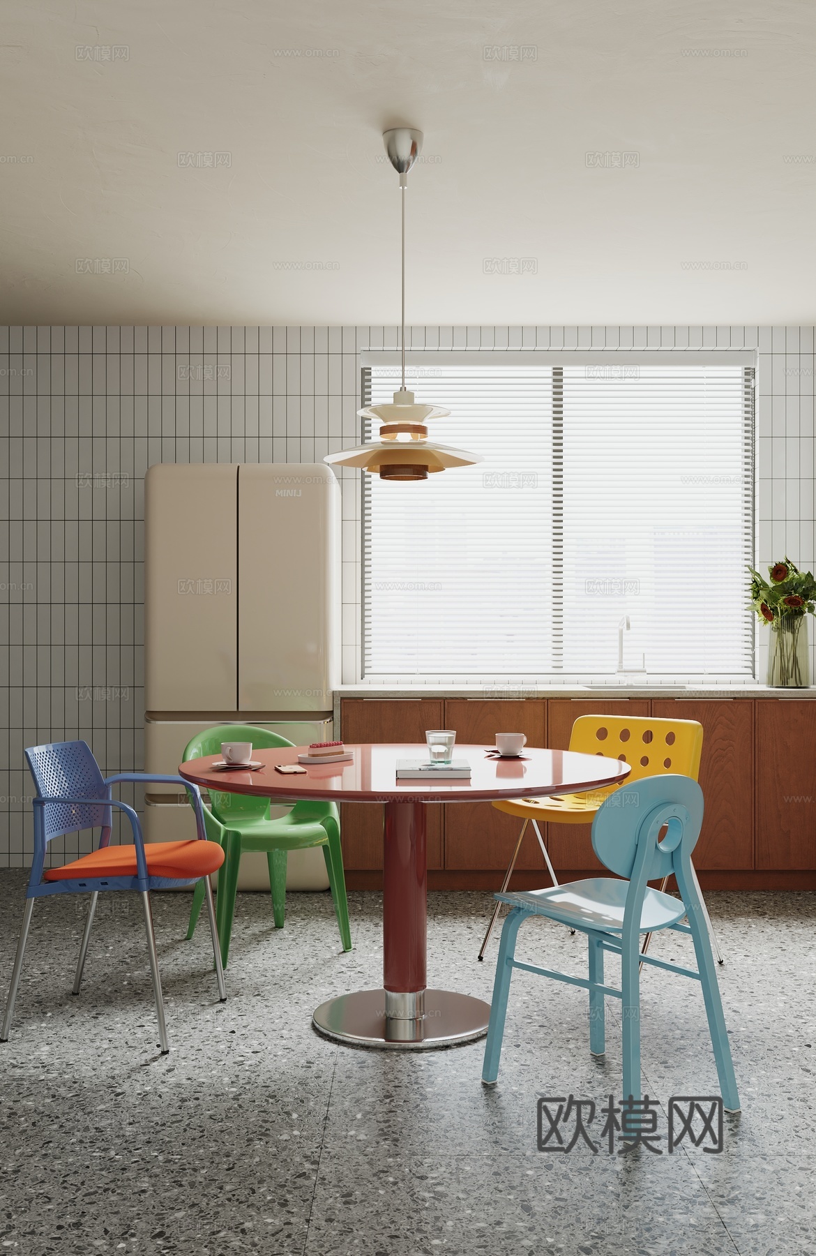 现代中古圆桌餐厅 北欧冰箱 包豪斯餐桌 多巴胺椅子3d模型