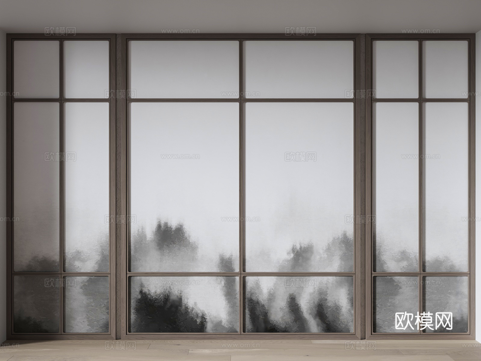 新中式背景墙 印花隔断墙面 壁画背景墙su模型