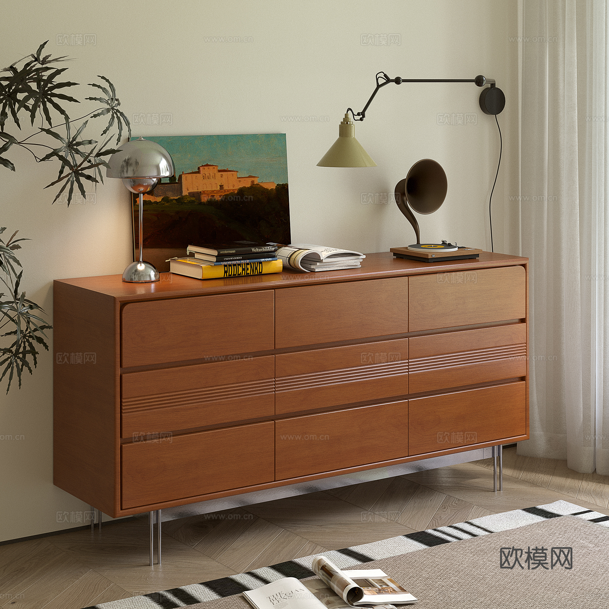 中古实木玄关柜 书籍摆件su模型