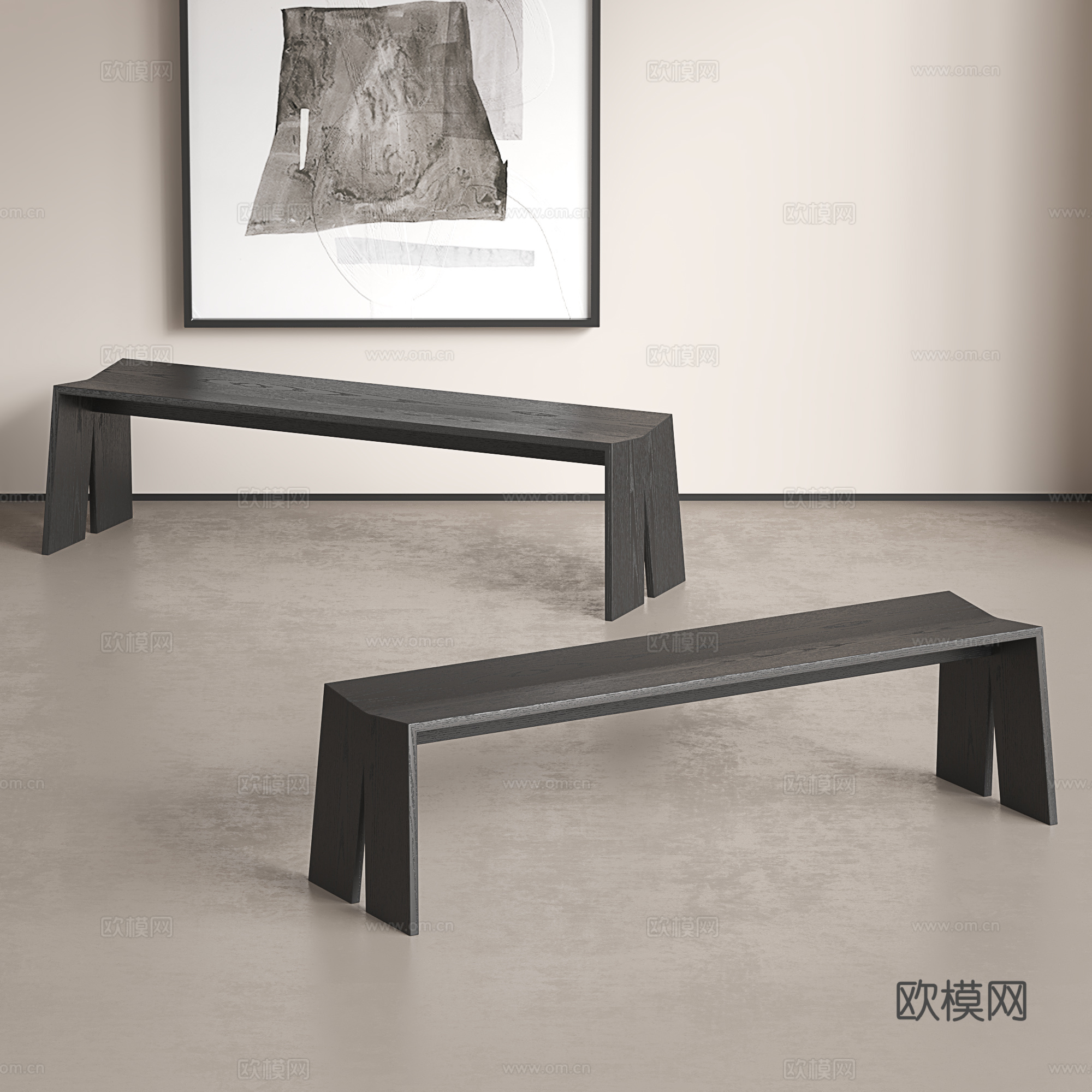 意式长条凳子 轻奢风换鞋凳 复古风餐凳 中古风床尾凳  长凳3d模型