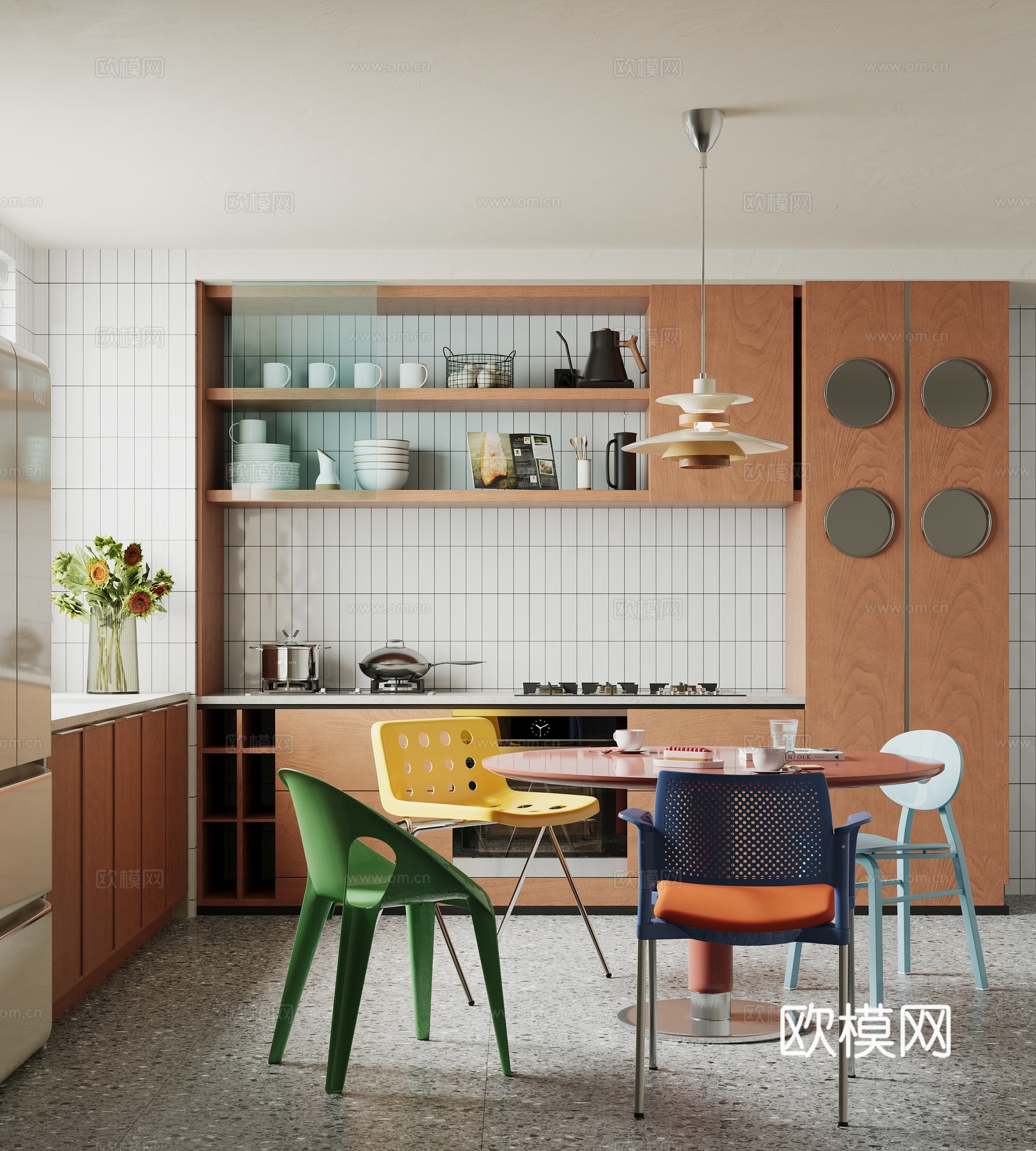 现代中古圆桌餐厅 北欧冰箱 包豪斯餐桌 多巴胺椅子3d模型