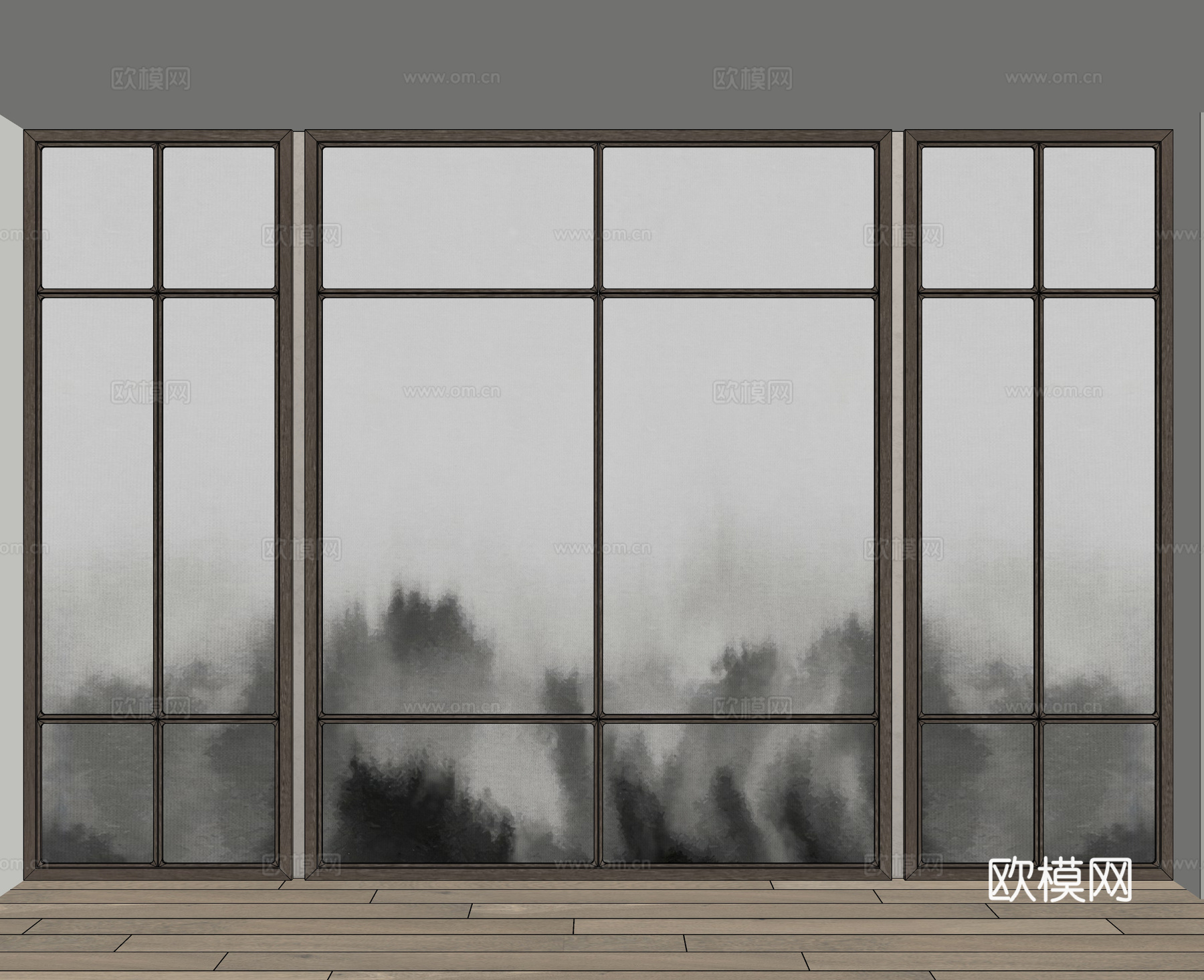 新中式背景墙 印花隔断墙面 壁画背景墙su模型