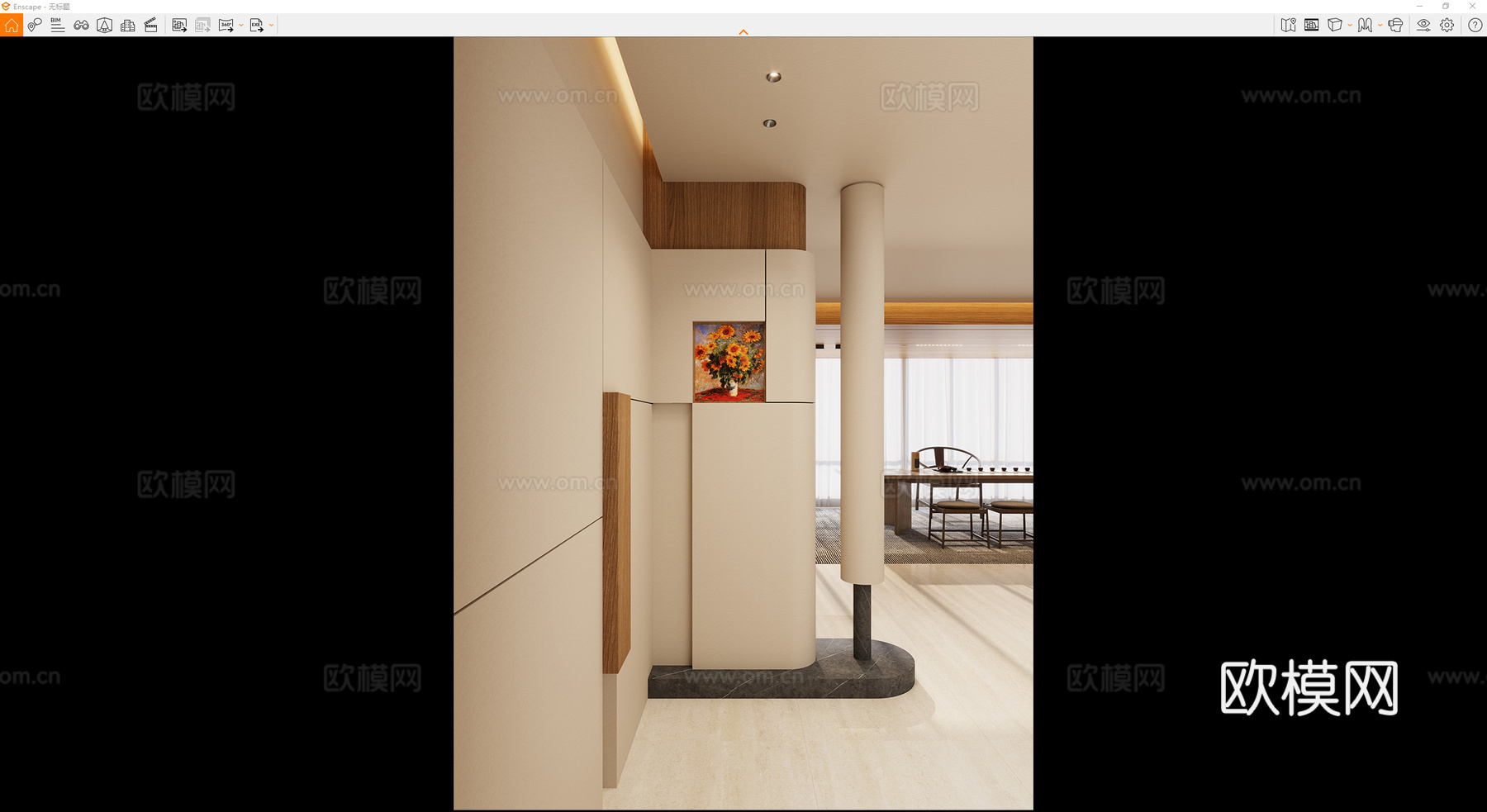 意式 奶油风 圆柱 弧形造型 透景 隔断 实木顶 玄关su模型