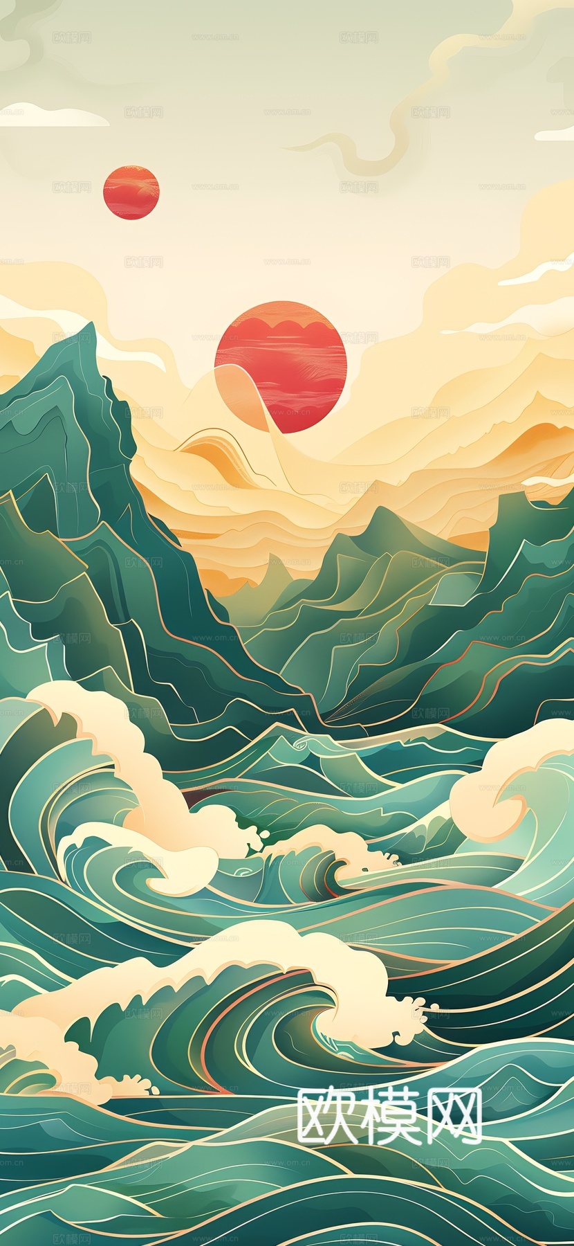 高清新款大美国风国潮元素中式美学壁画壁纸背景下载