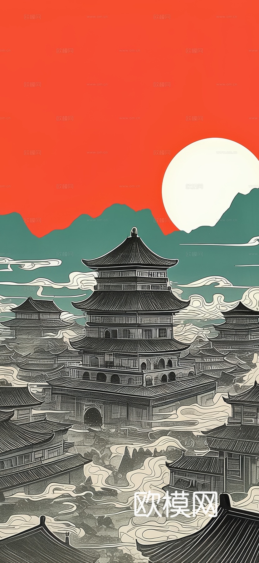 高清新款大美国风国潮元素中式美学壁画壁纸背景