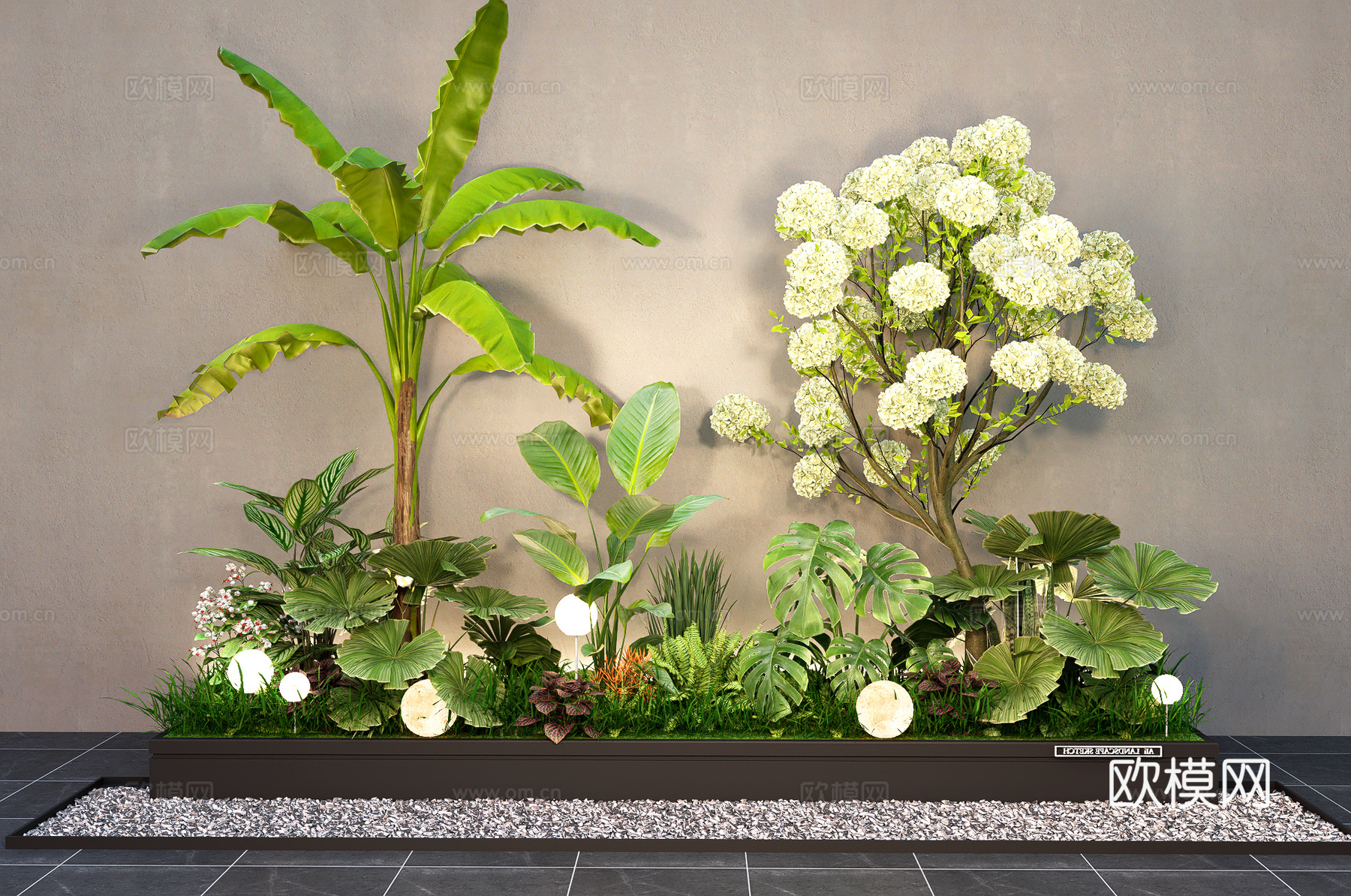 现代室内植物组合 植物堆 花镜 中华木绣球 植物景观造景 灌su模型