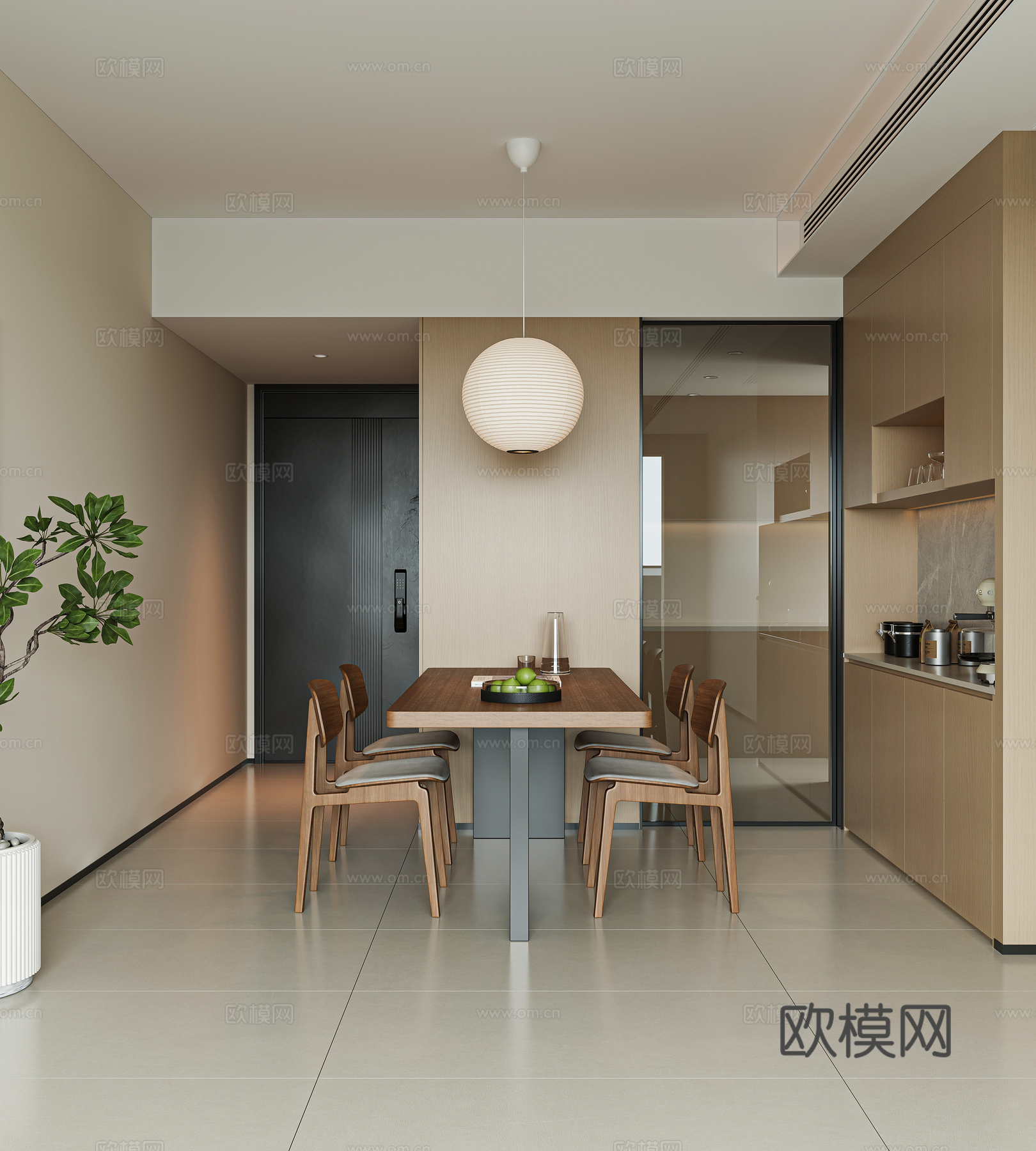 现代简约家居餐厅 餐边柜 胡桃木餐桌椅组合3d模型